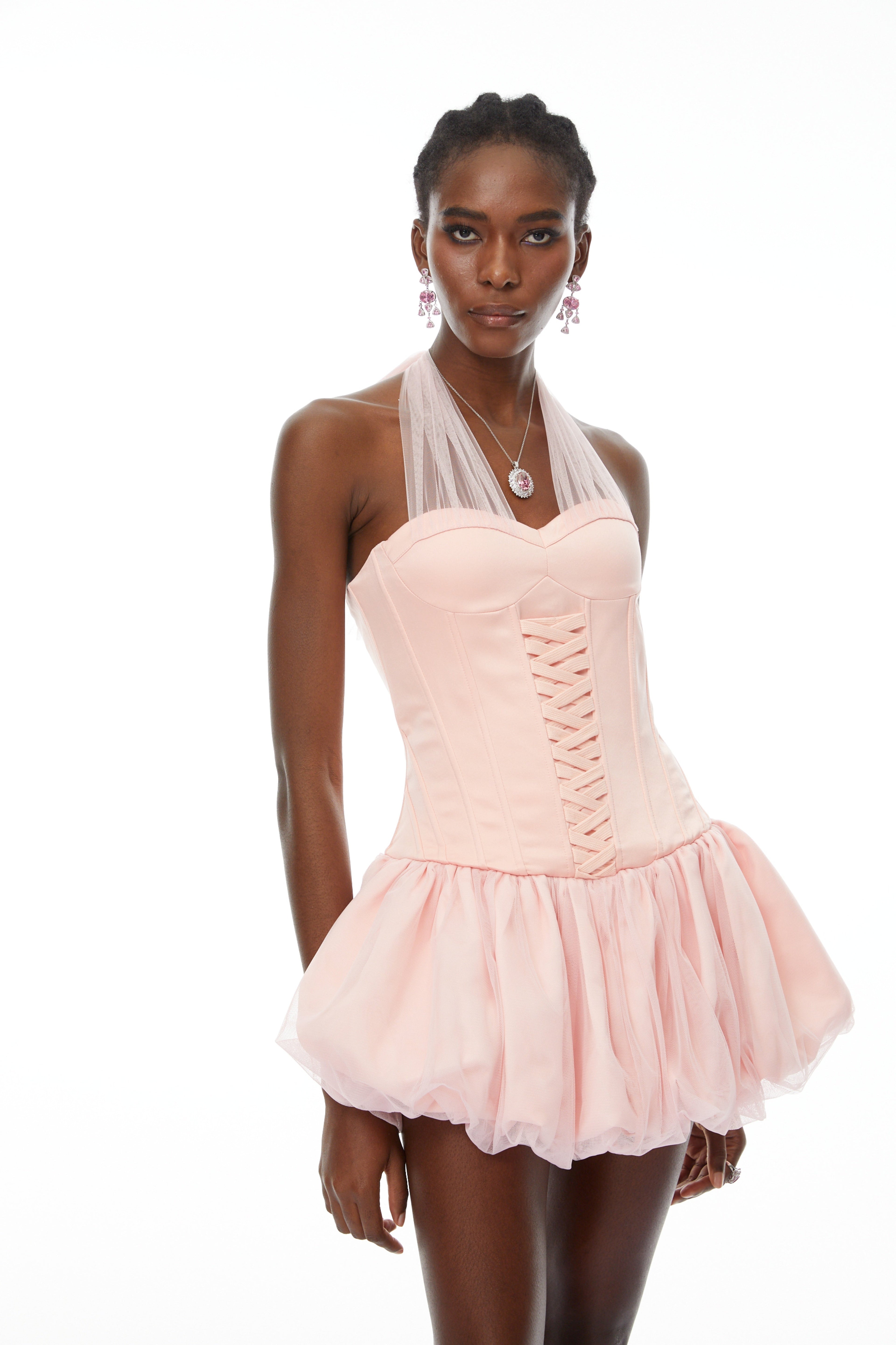 Constance Pink Halterneck Oraganza Panel Satin Mini Dress