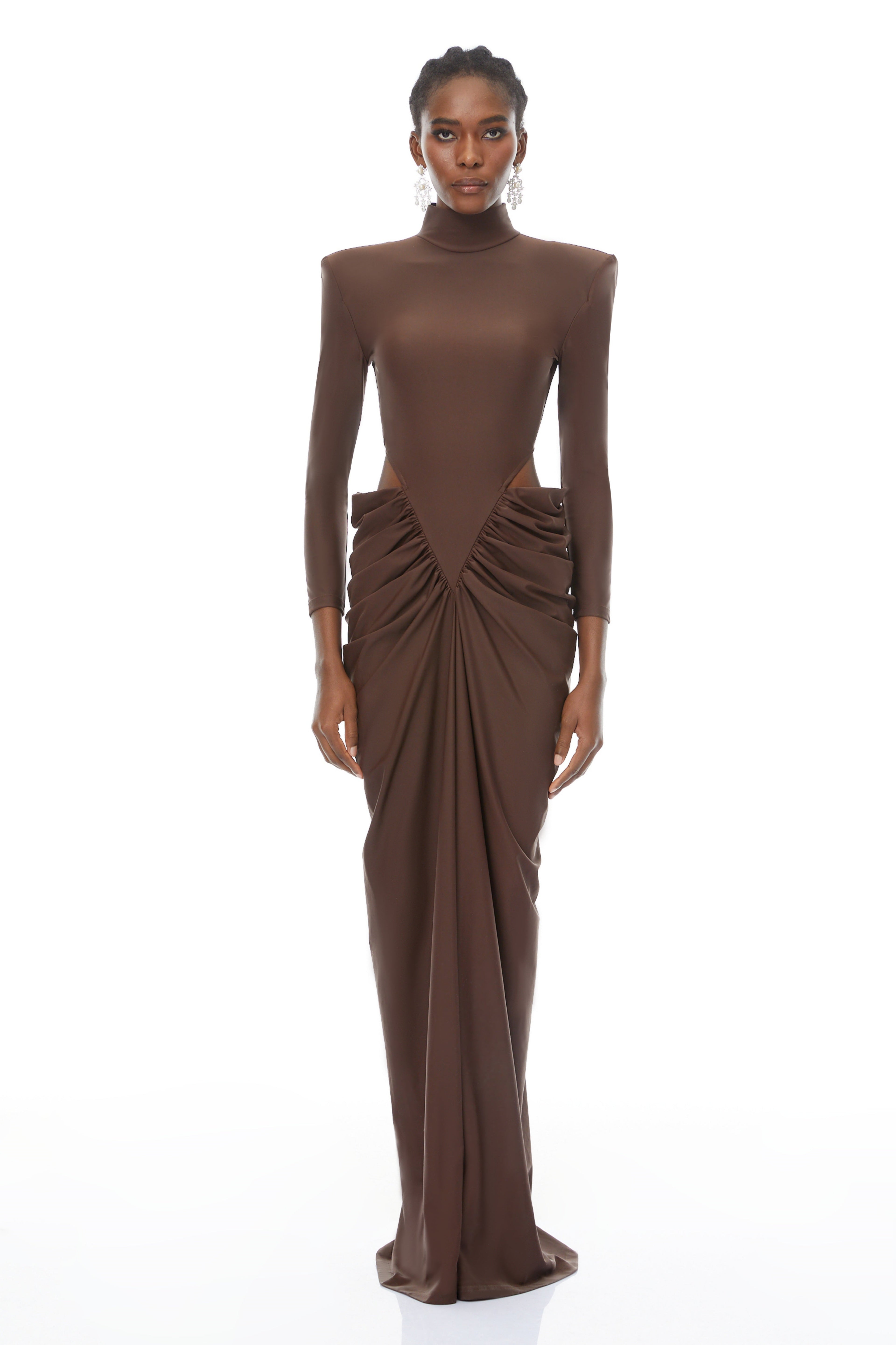 Arlene Brown Cut Out Ruched Maxi Dress