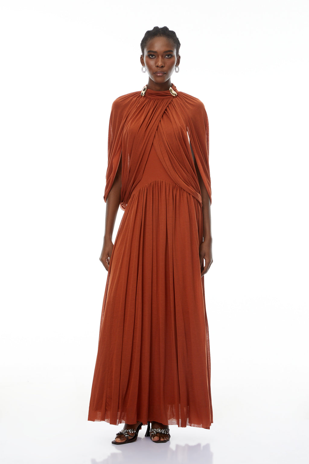 Bergljot Orange Cape Design Mesh Maxi Dress