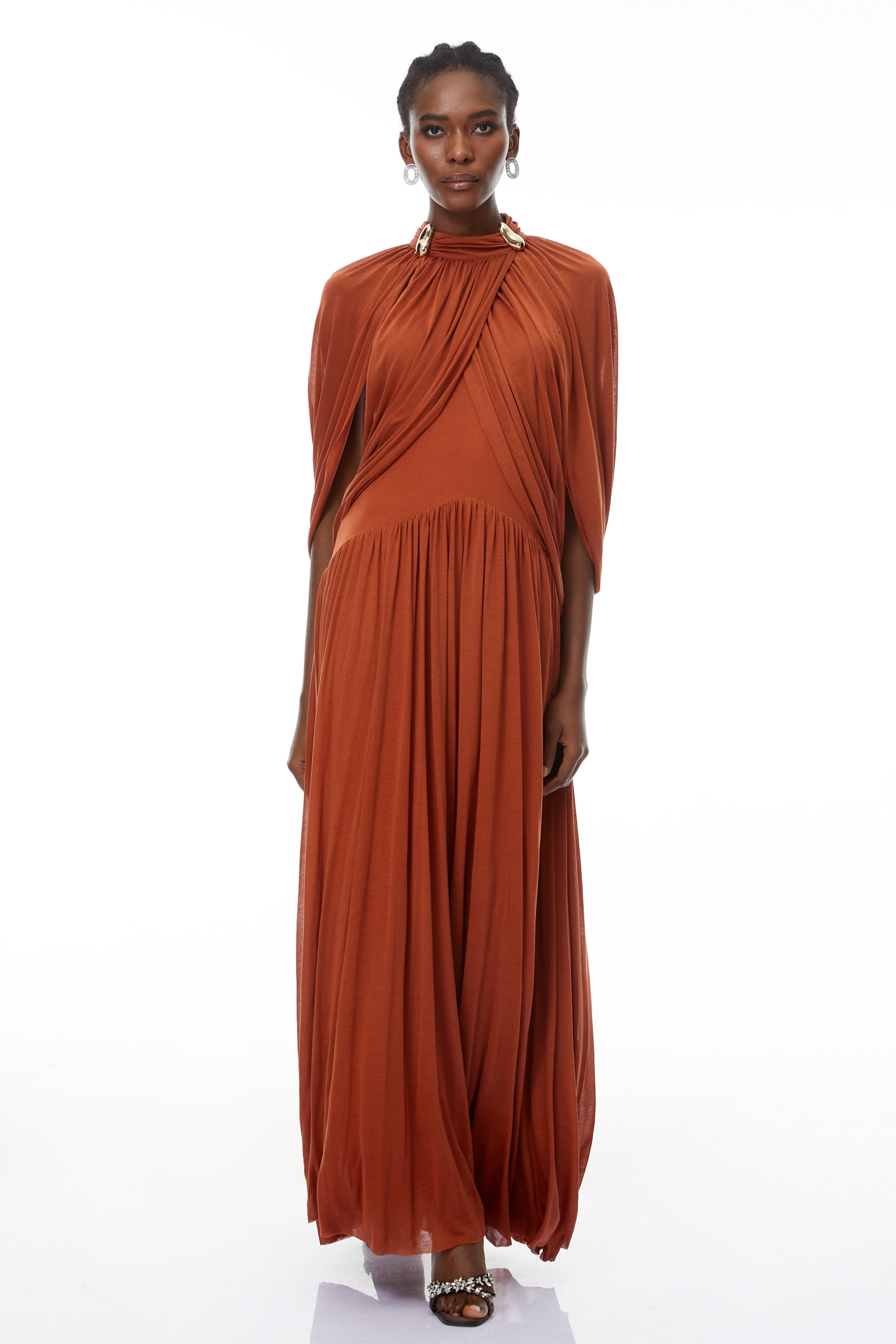 Bergljot Orange Cape Design Mesh Maxi Dress