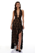Elena Black Halterneck Floral Lace Maxi Dress