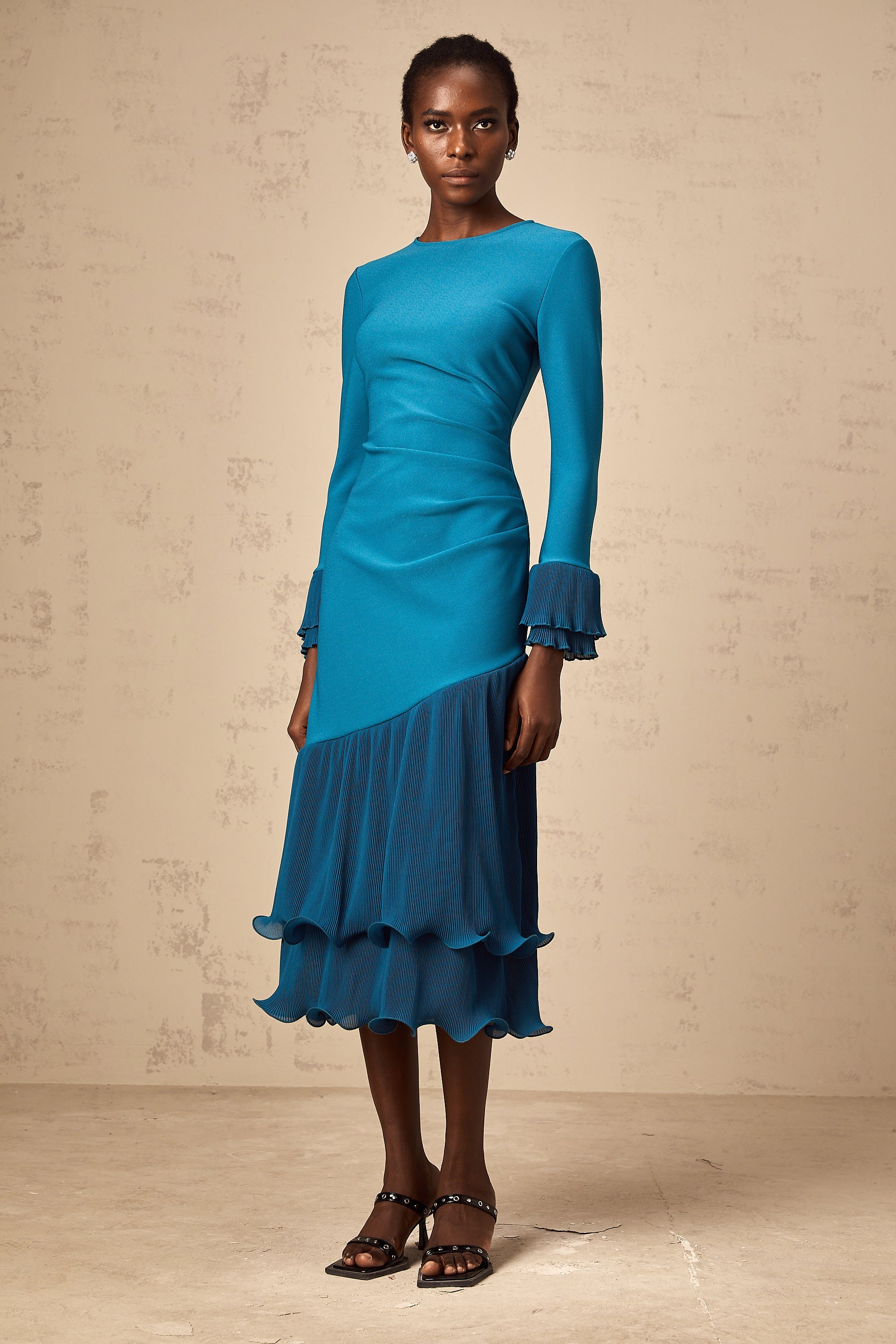 Fleurida ruffled-trim panelled midi dress in Blue (Final Sale-US Only)
