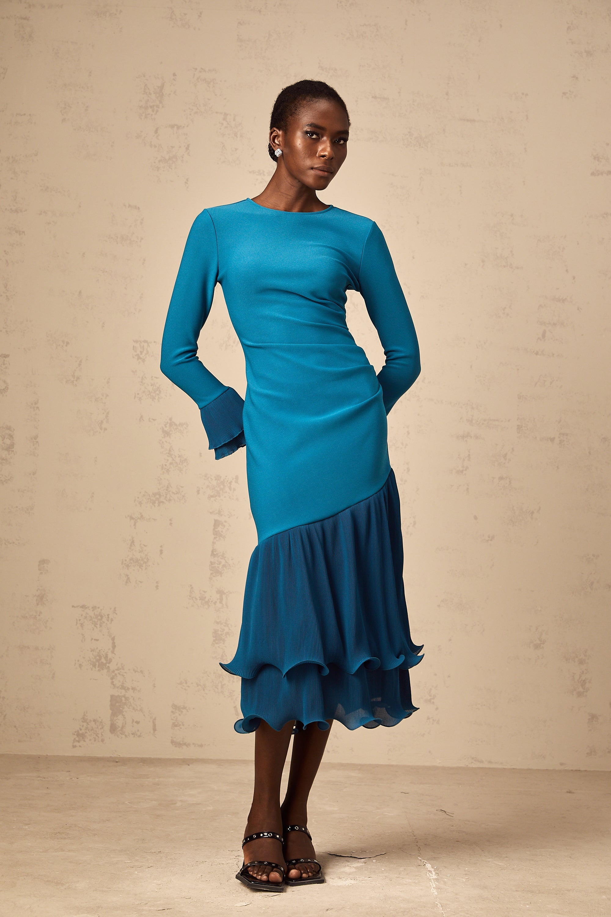 Fleurida ruffled-trim panelled midi dress in Blue (Final Sale-US Only)