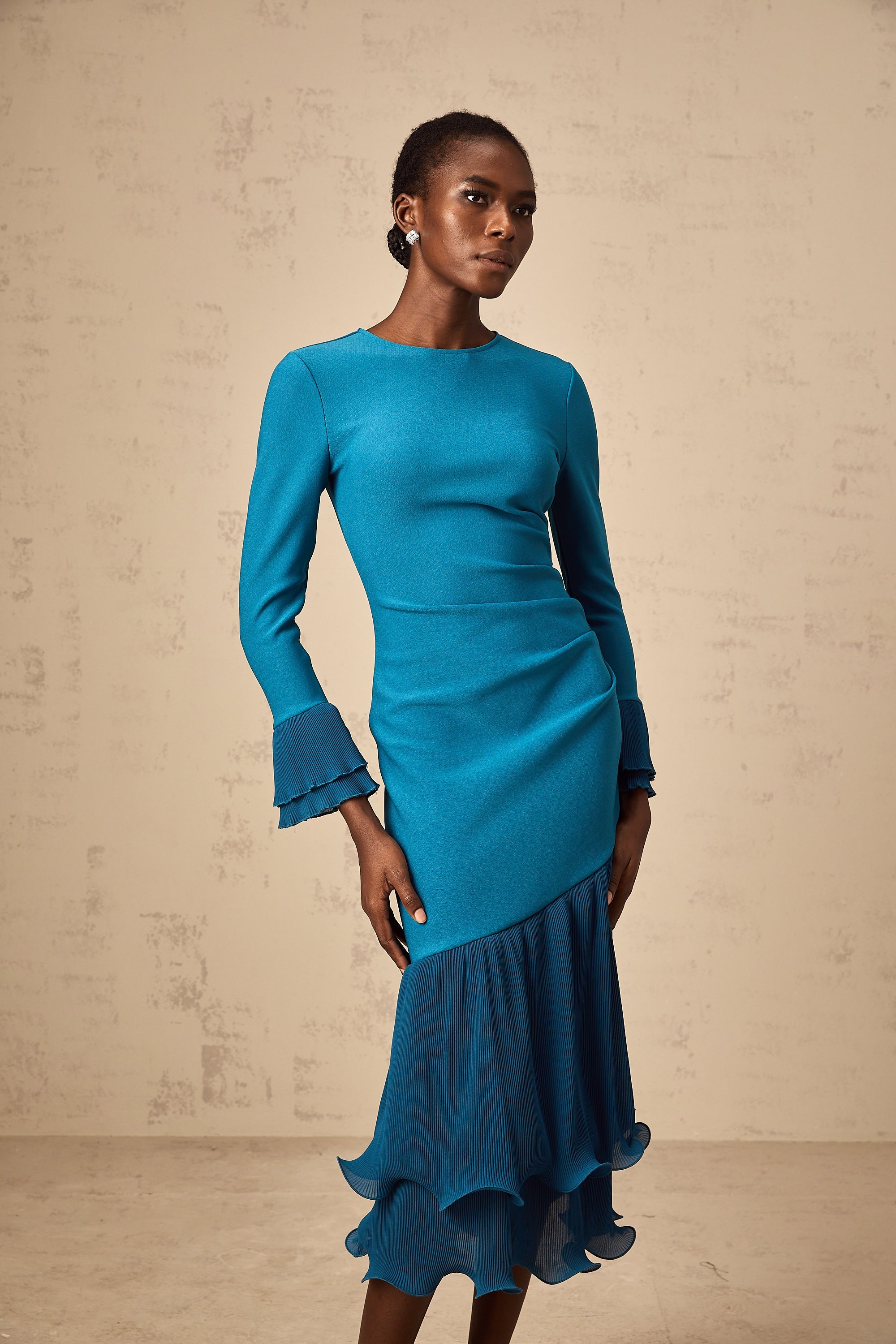 Fleurida ruffled-trim panelled midi dress in Blue (Final Sale-US Only)
