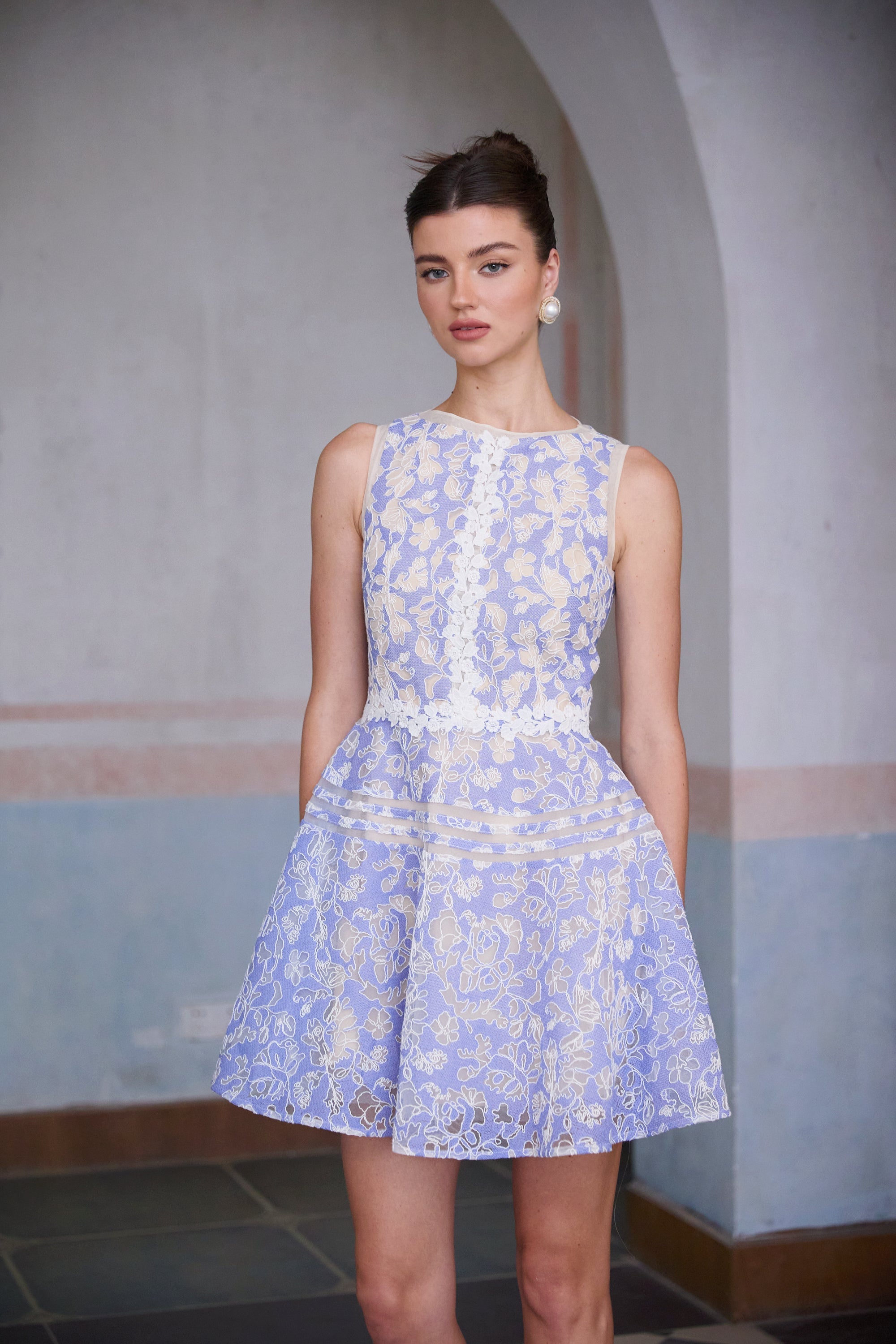 Brigitte Blue Crochet Lace Puff Sleeve Mini Dress