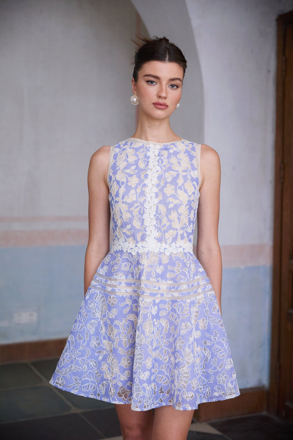 Brigitte Blue Crochet Lace Puff Sleeve Mini Dress