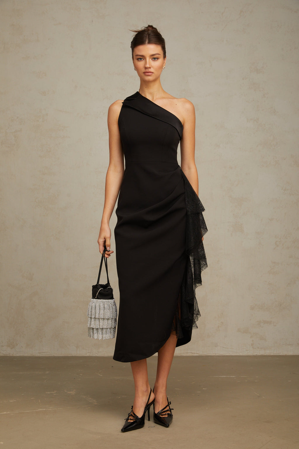 Bernadette black lace-panell asymmetrical midi dress (Final Sale-US Only)