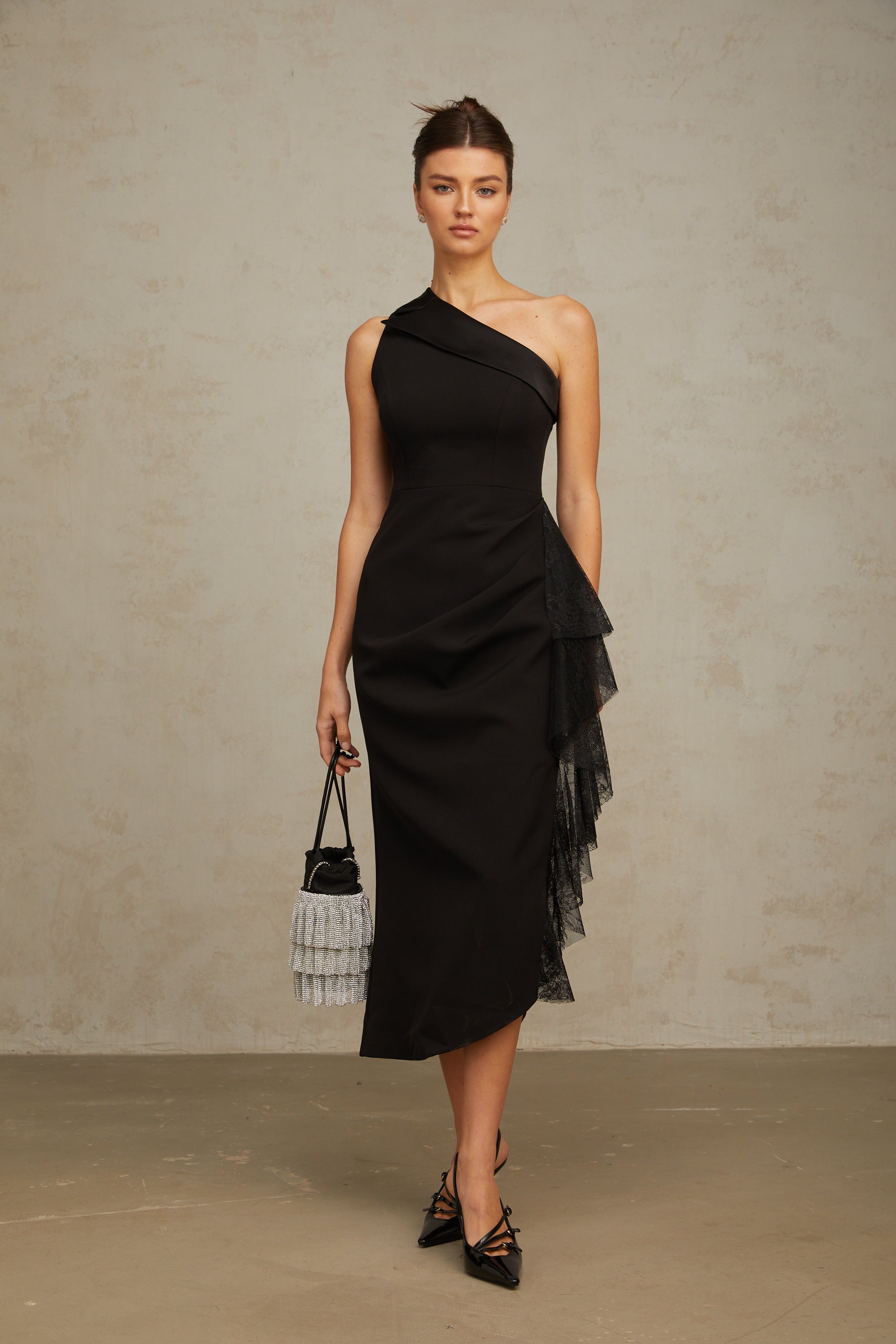 Bernadette black lace-panell asymmetrical midi dress (Final Sale-US Only)