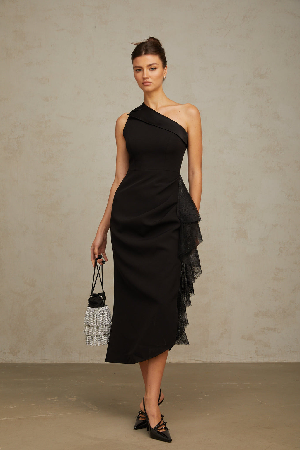 Bernadette black lace-panell asymmetrical midi dress (Final Sale-US Only)