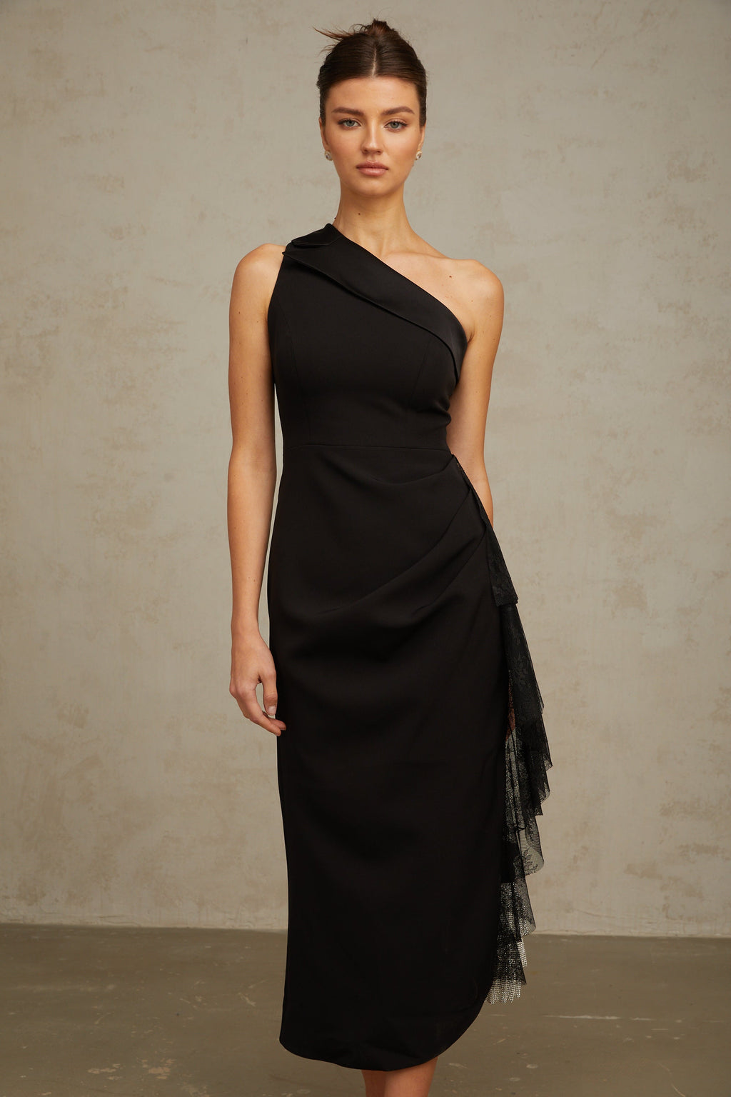 Bernadette black lace-panell asymmetrical midi dress (Final Sale-US Only)