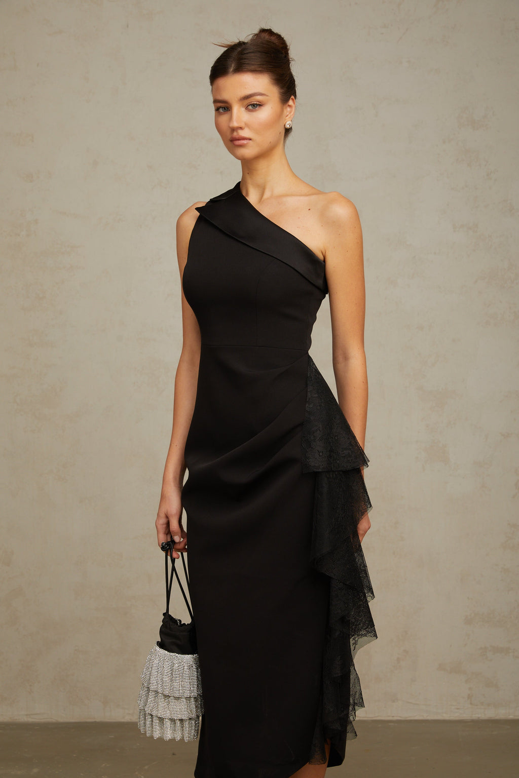 Bernadette black lace-panell asymmetrical midi dress (Final Sale-US Only)