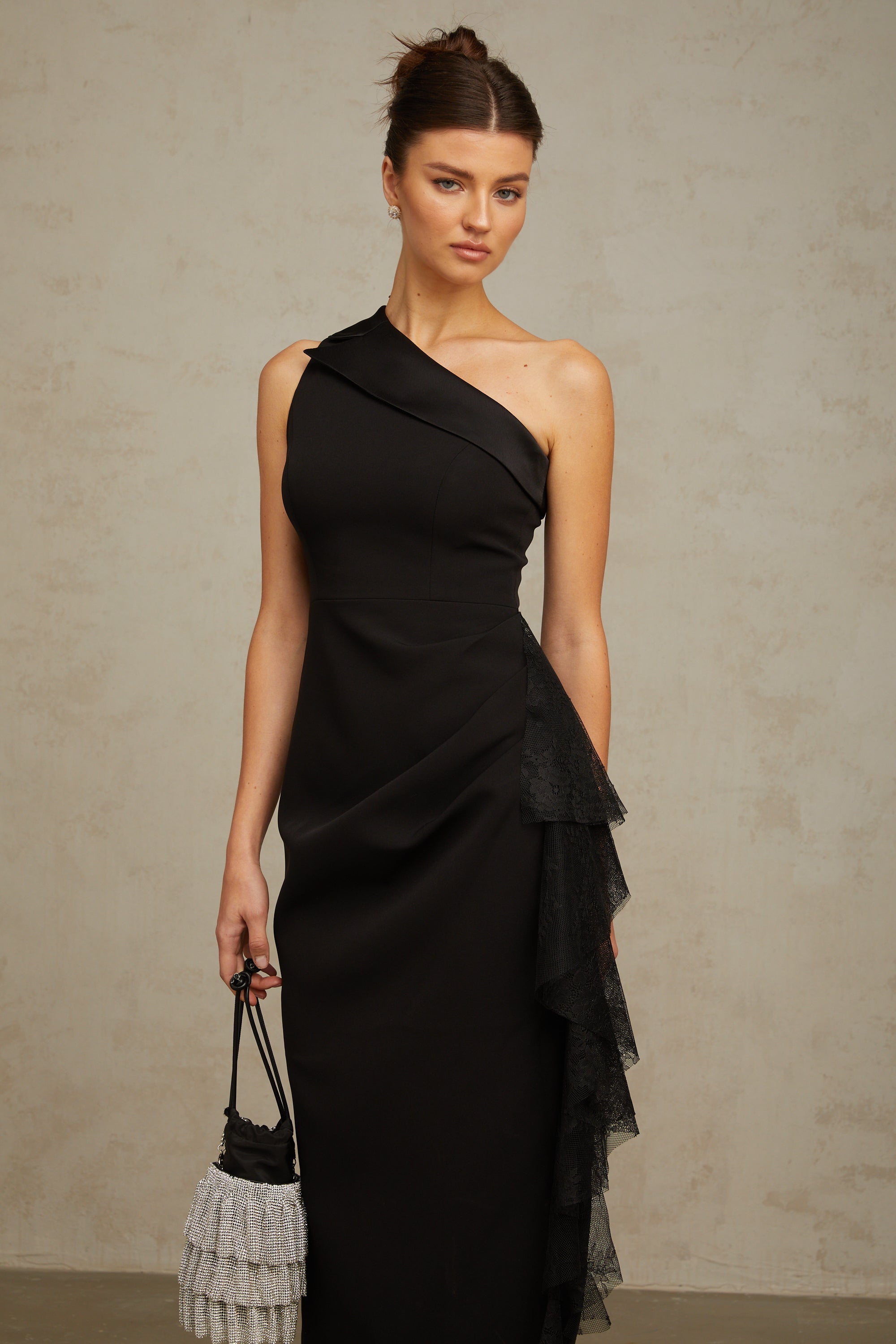 Bernadette black lace-panell asymmetrical midi dress (Final Sale-US Only)