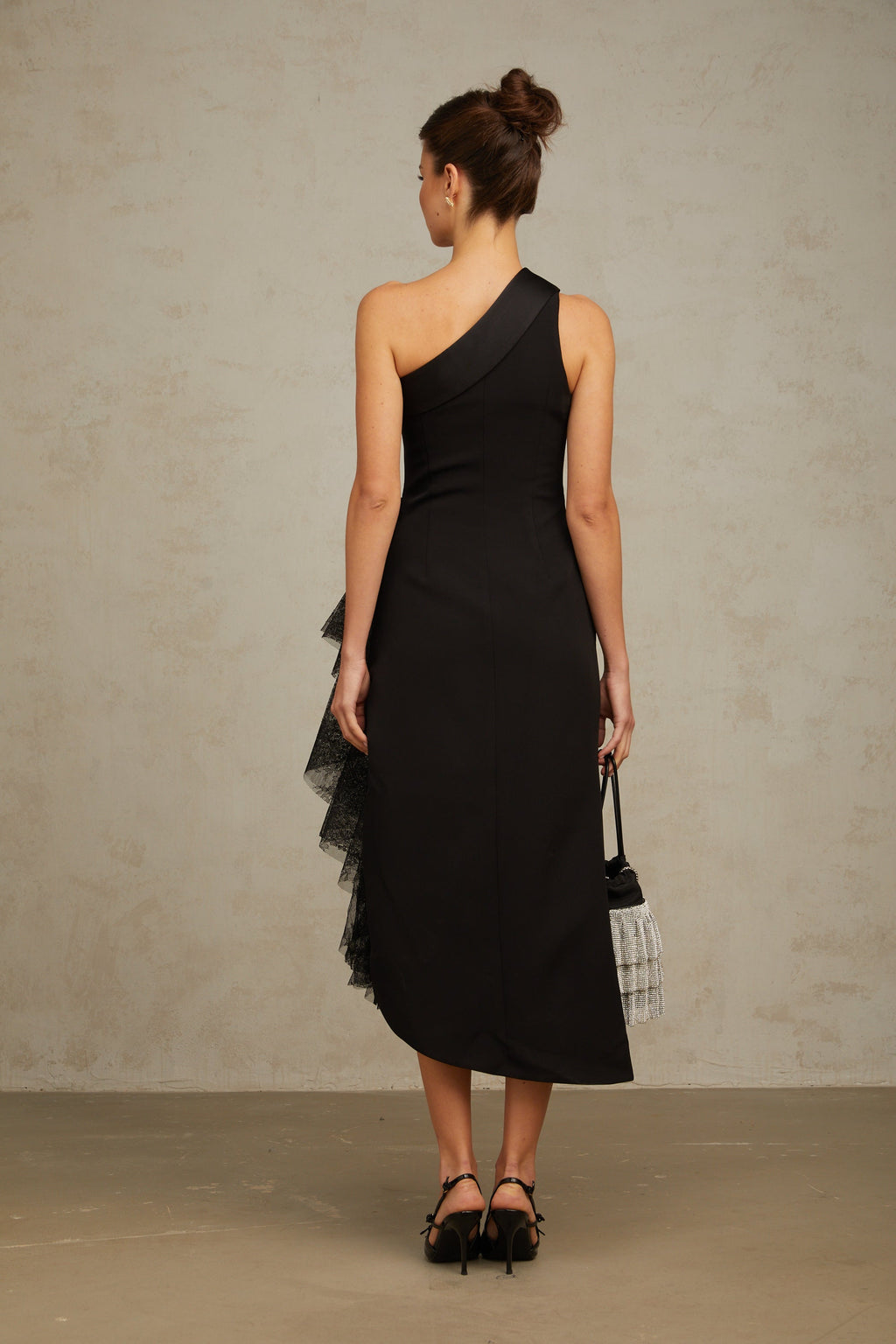 Bernadette black lace-panell asymmetrical midi dress (Final Sale-US Only)