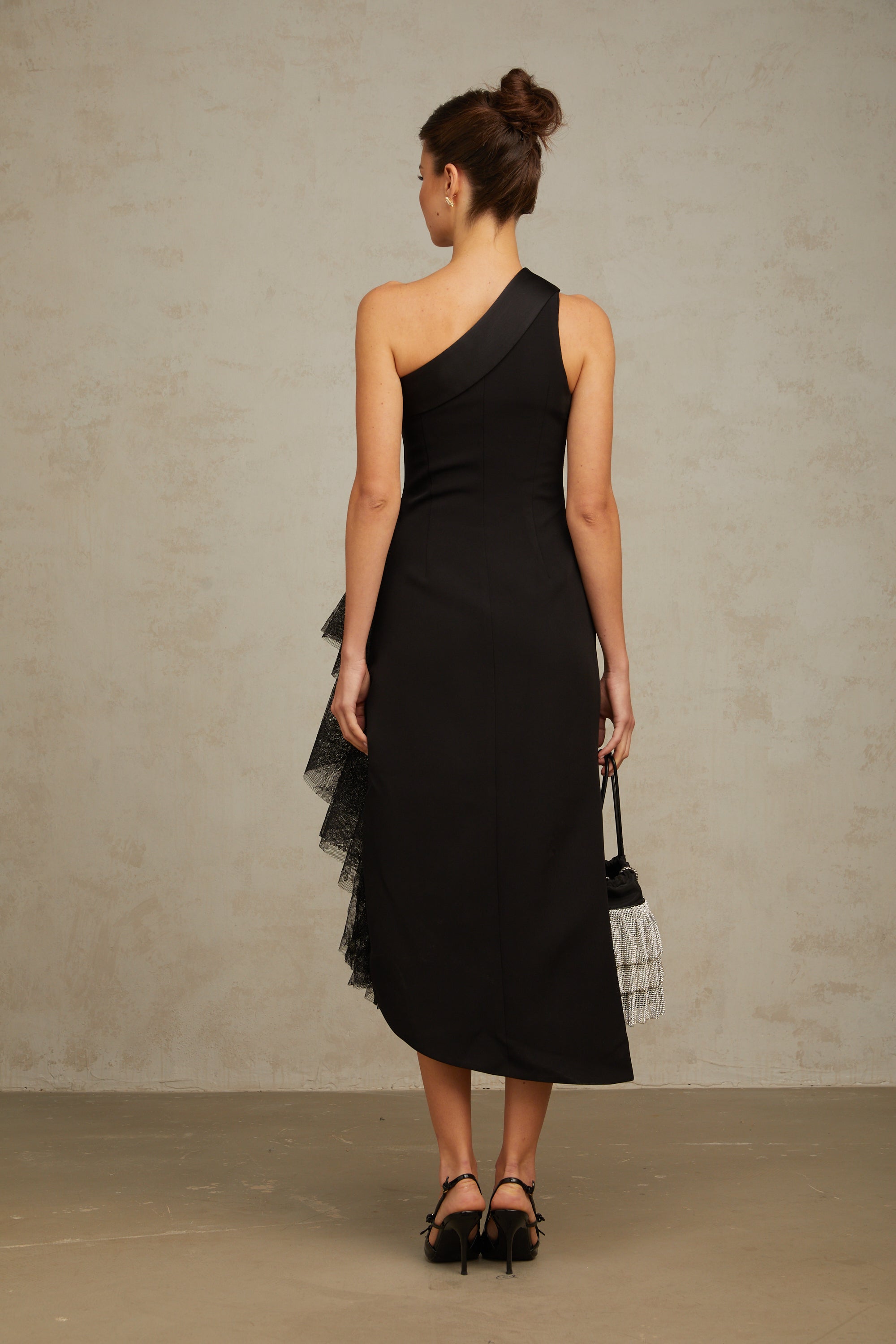 Bernadette black lace-panell asymmetrical midi dress (Final Sale-US Only)