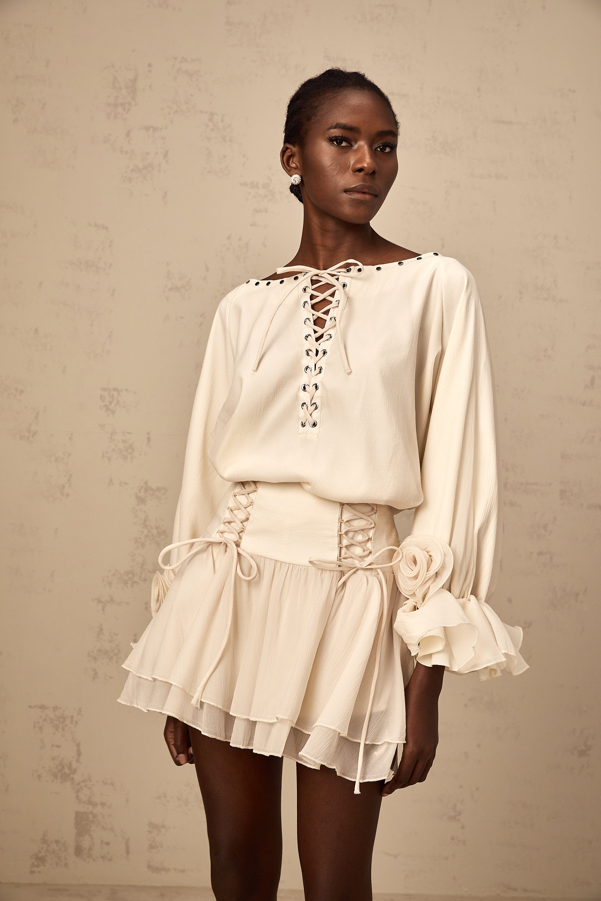 Perrine self-tie ruffled blouse & skirt matching set