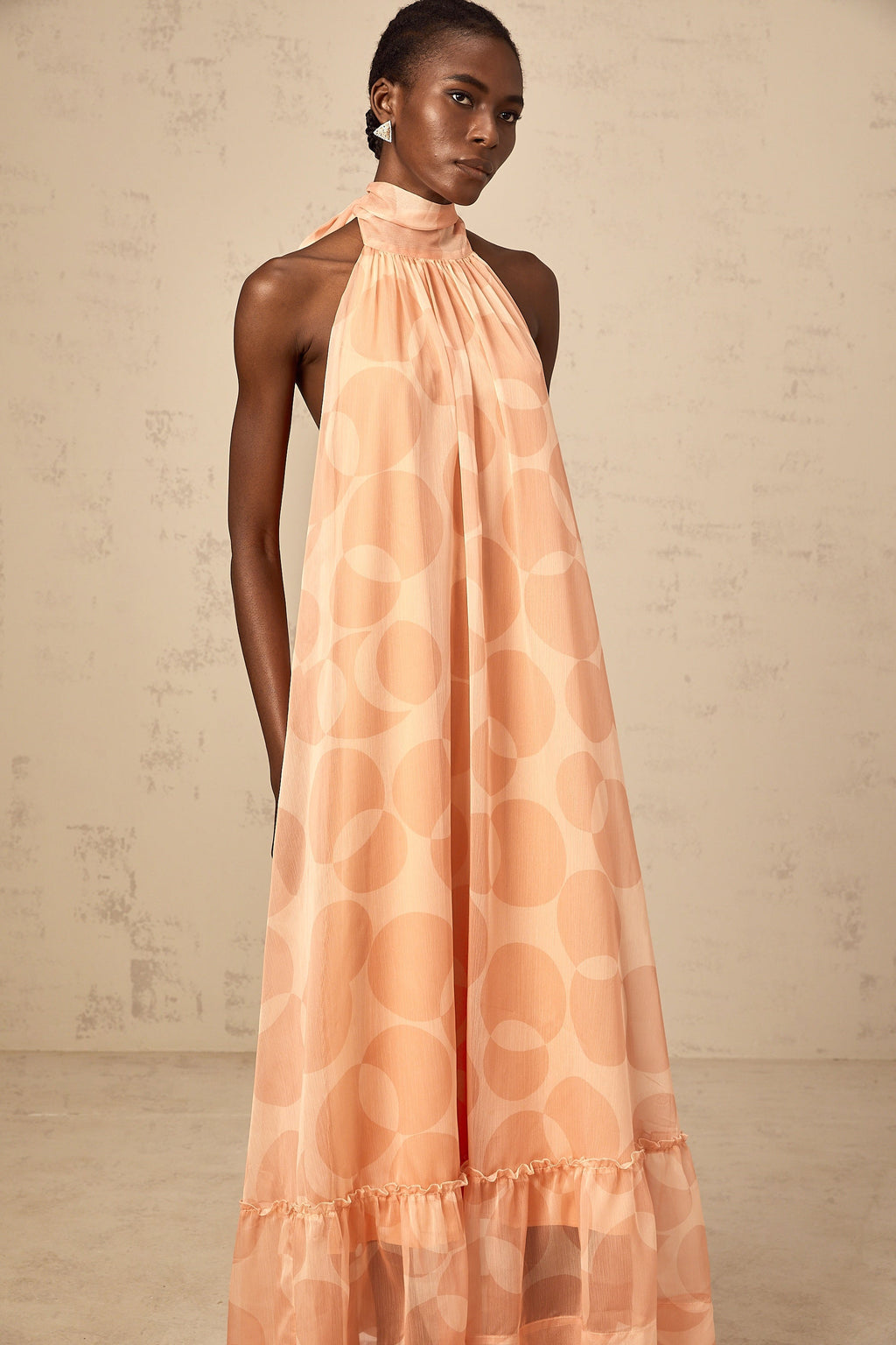 Clémence coral-pink halterneck pattern-print maxi dress