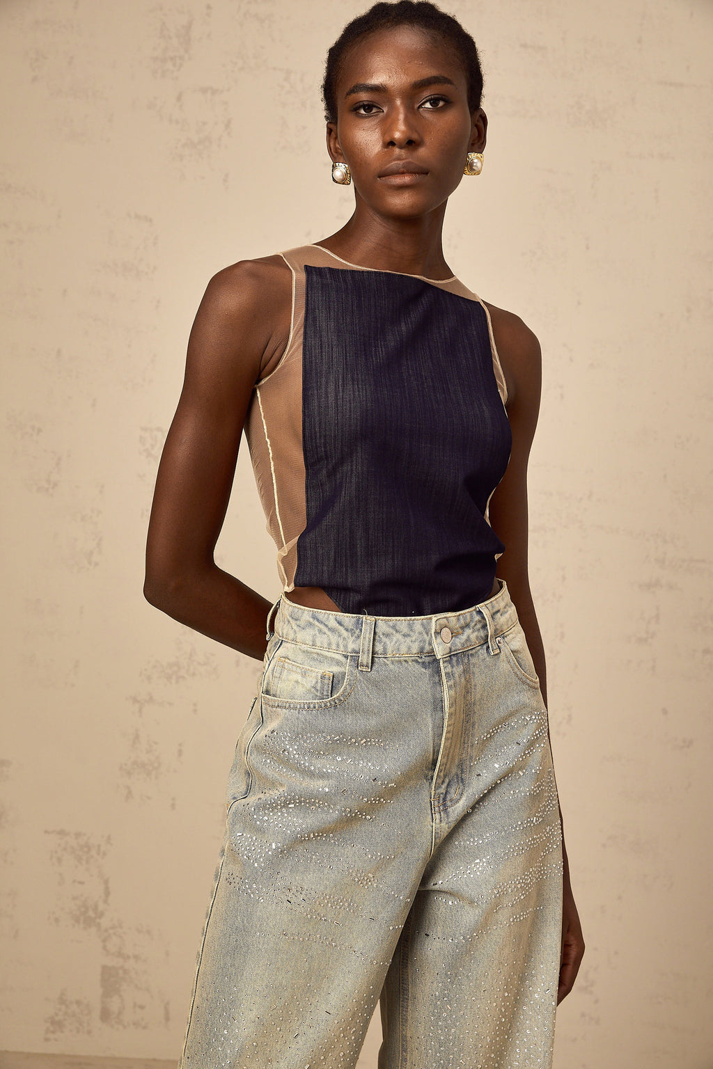Sandrine blue denim semi-sheer bodysuit (Final Sale)