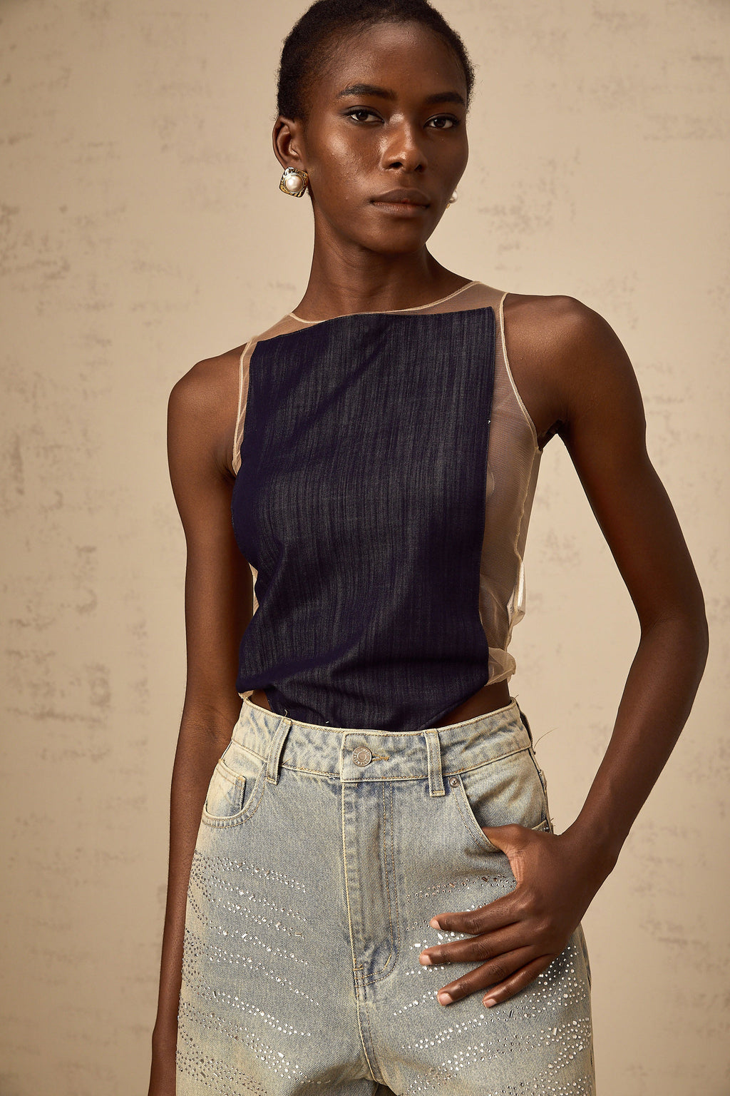 Sandrine blue denim semi-sheer bodysuit (Final Sale)