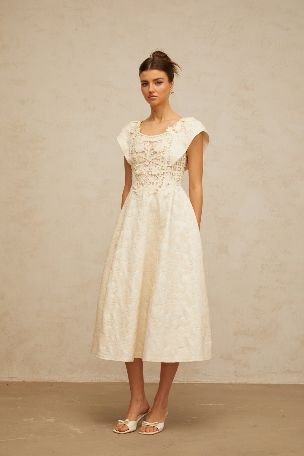 Xenia neutrals floral-embroidered embellished midi dress (Final Sale-US Only)