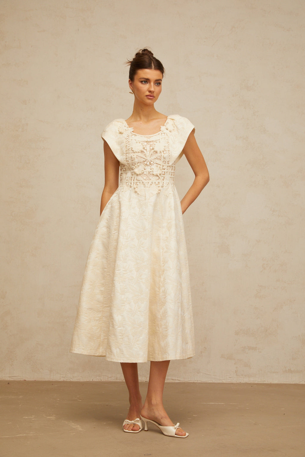 Xenia neutrals floral-embroidered embellished midi dress (Final Sale-US Only)