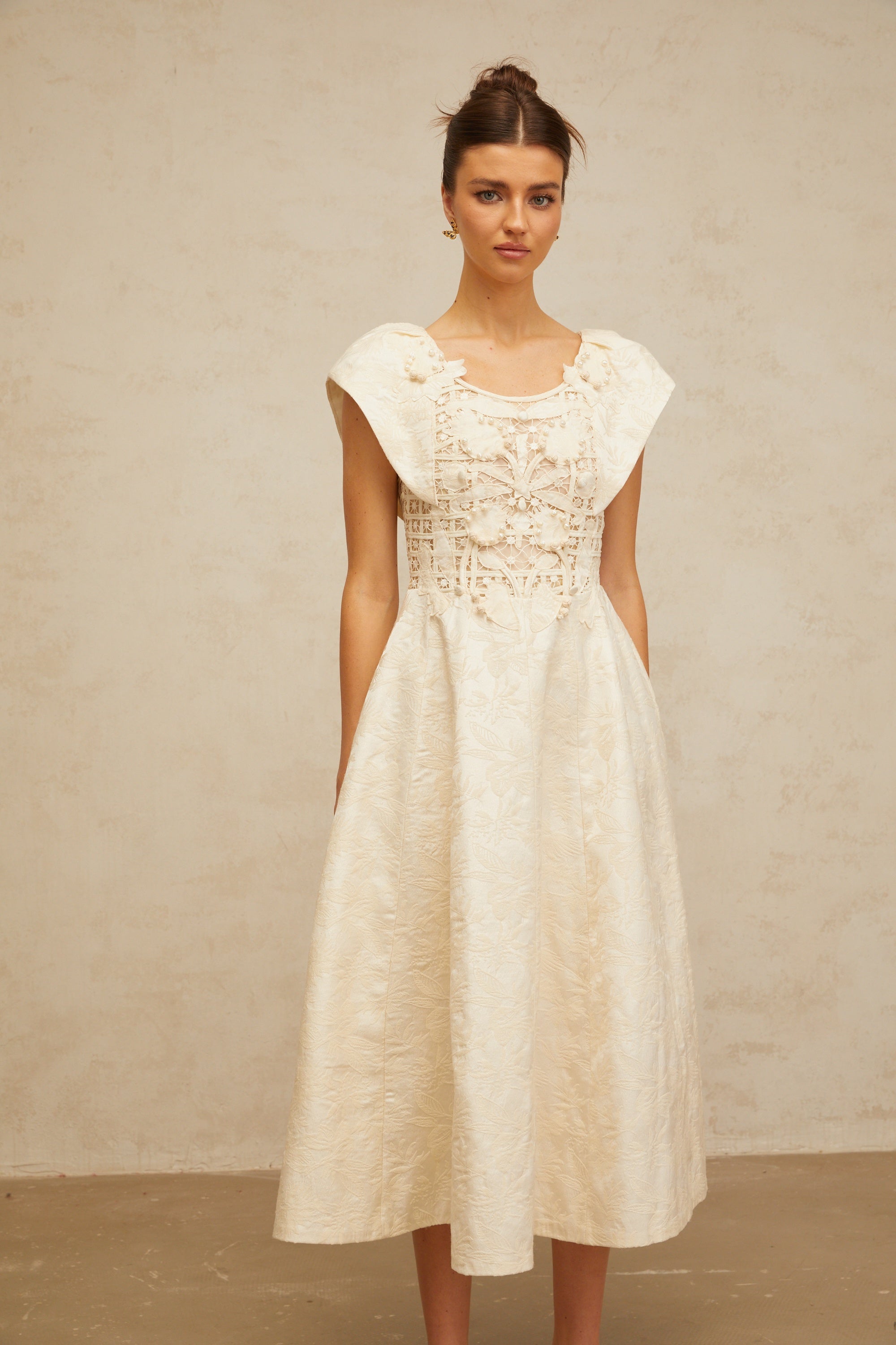 Xenia neutrals floral-embroidered embellished midi dress (Final Sale-US Only)