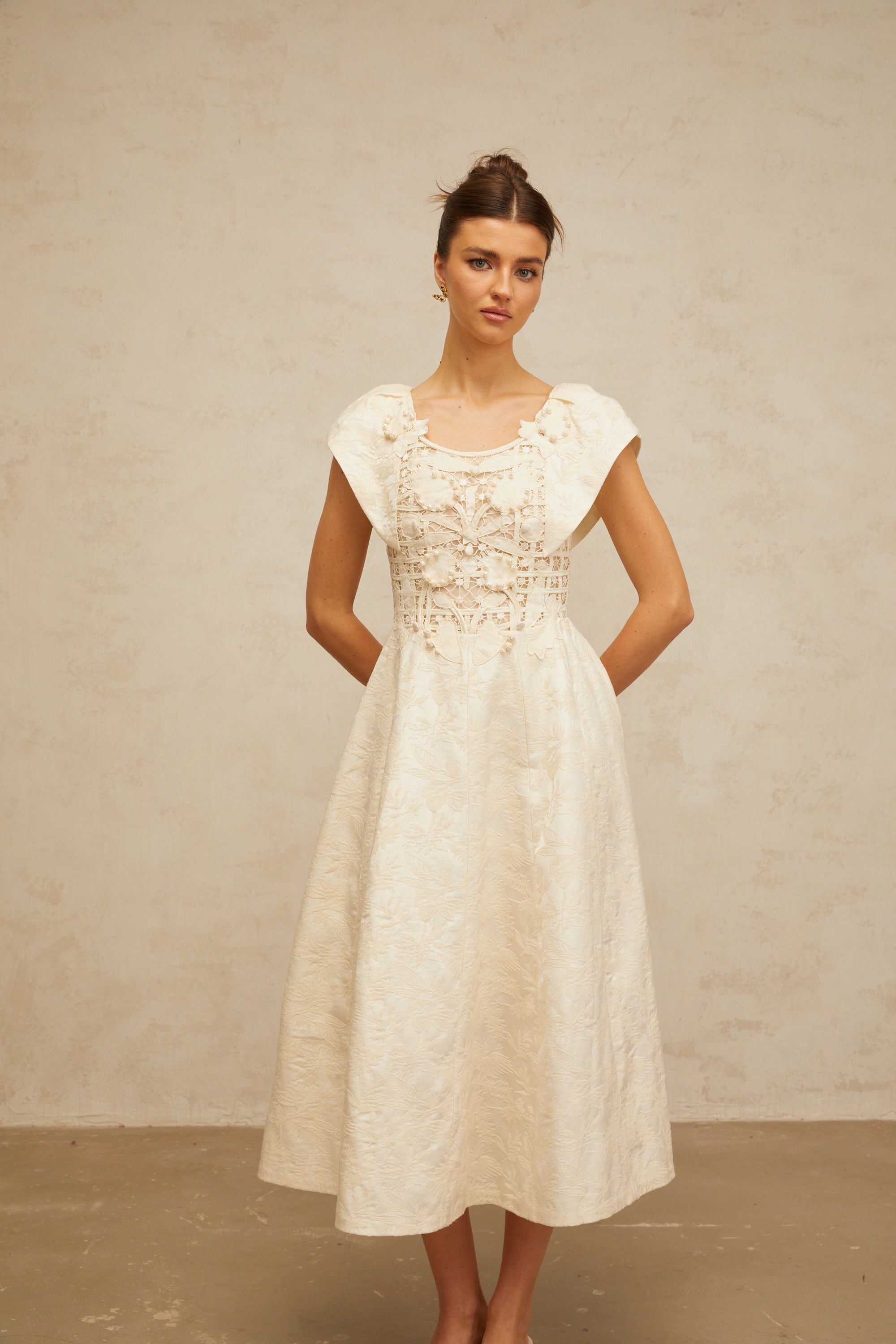 Xenia neutrals floral-embroidered embellished midi dress (Final Sale-US Only)