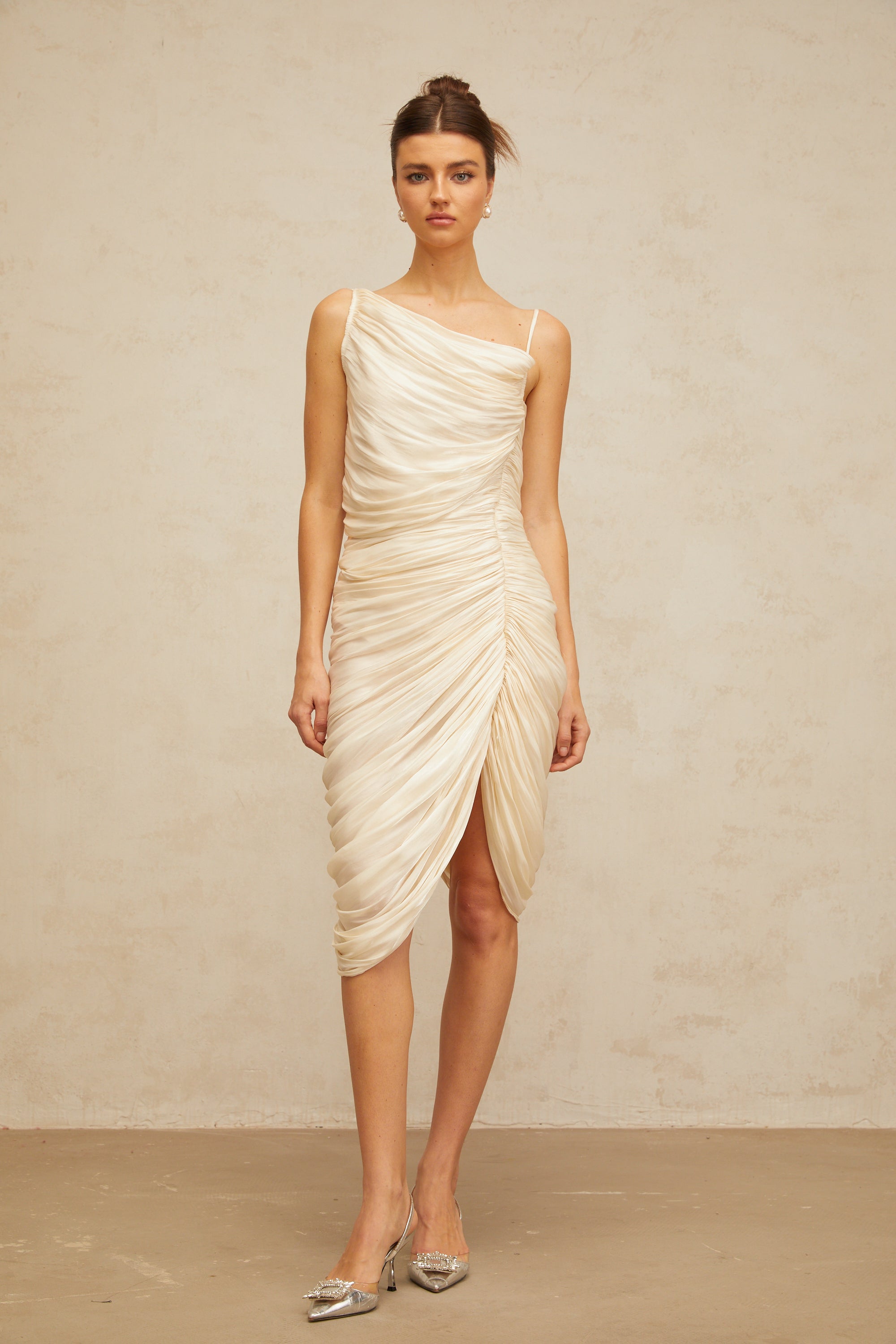 Lison glossy ruched midi dress in Light-yellow (Final Sale-US Only)