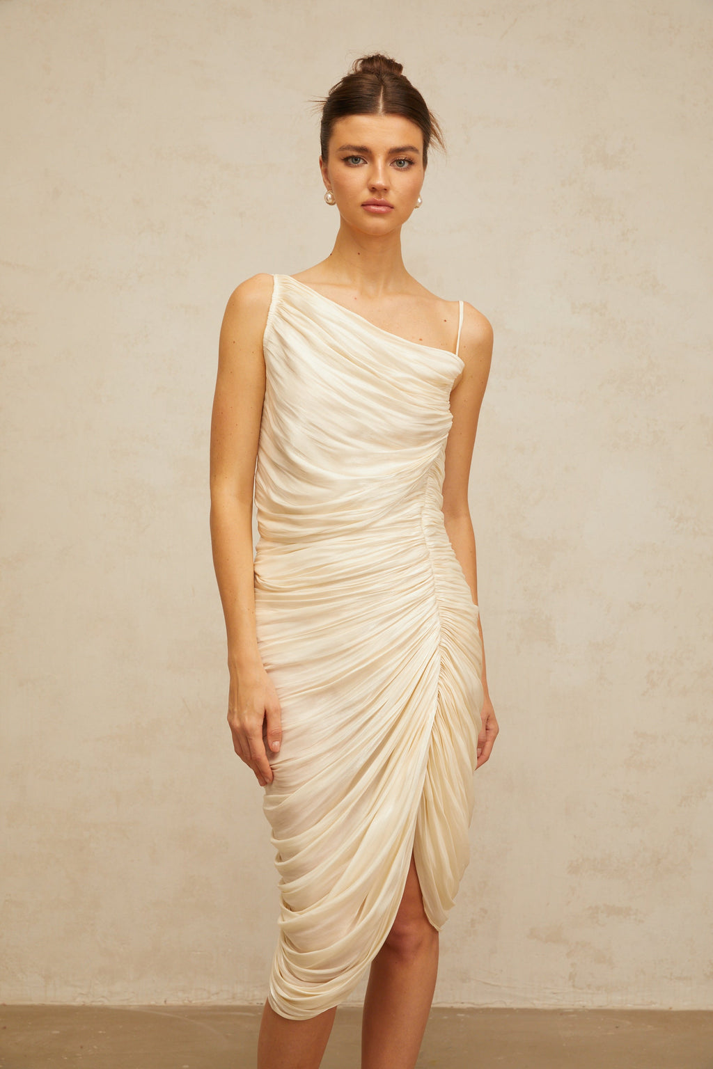 Lison glossy ruched midi dress in Light-yellow (Final Sale-US Only)