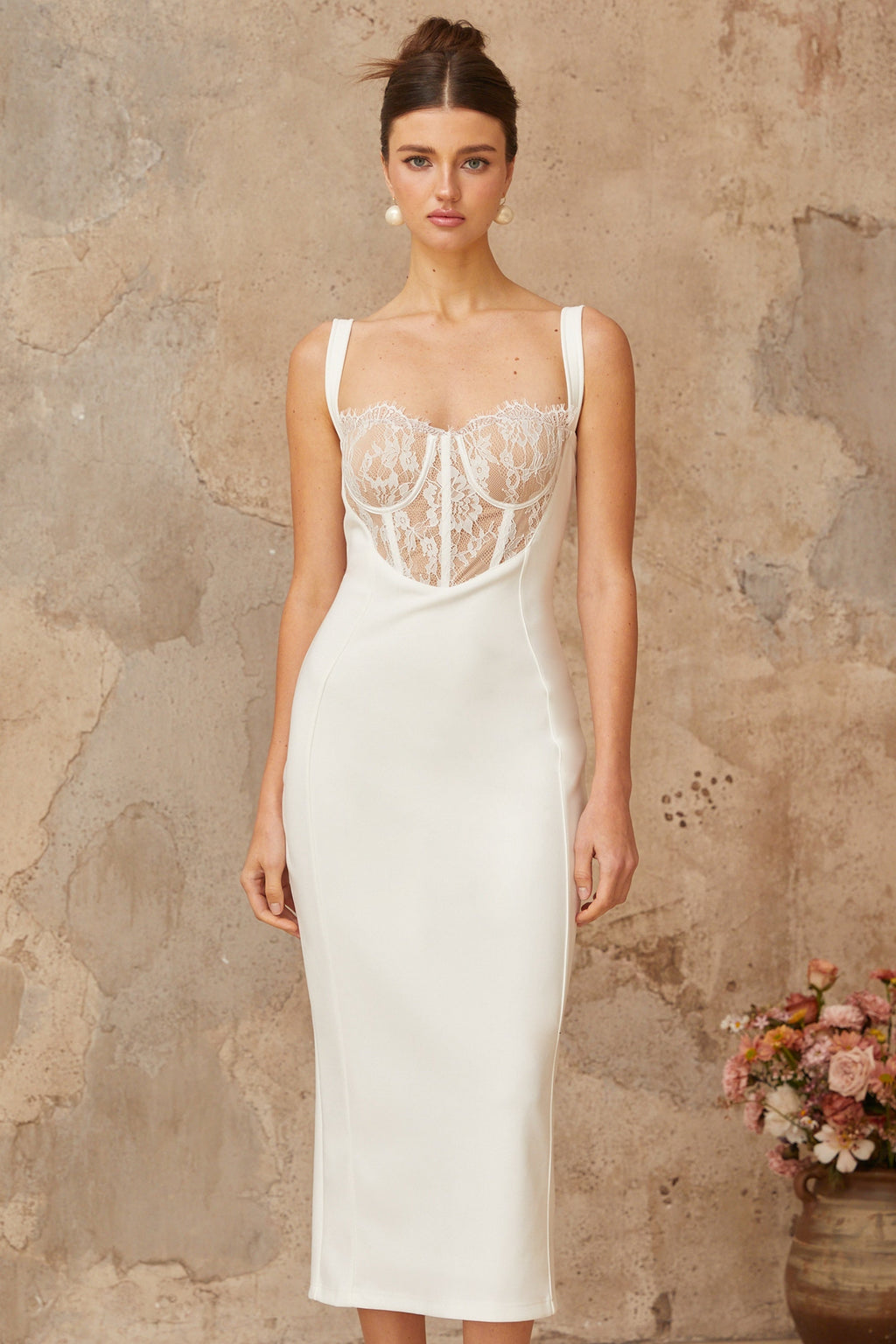 Poema white lace-panel corset midi dress  (Final Sale-US Only)
