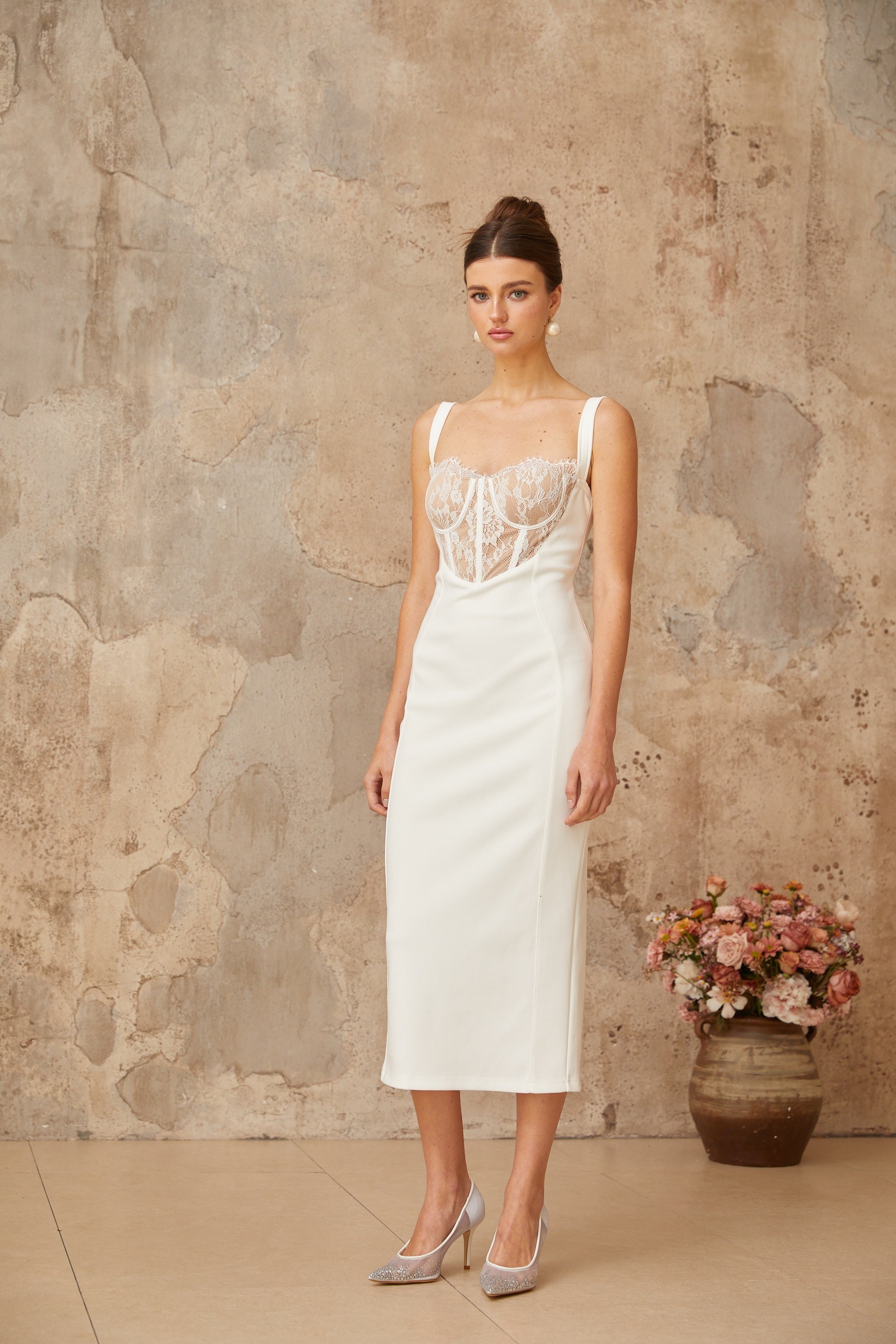 Poema white lace-panel corset midi dress  (Final Sale-US Only)