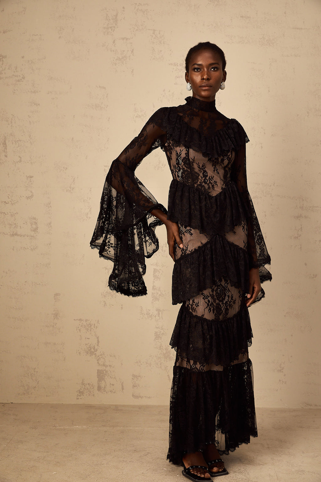 Roxane black floral-lace ruffled maxi dress (Final Sale-US Only)