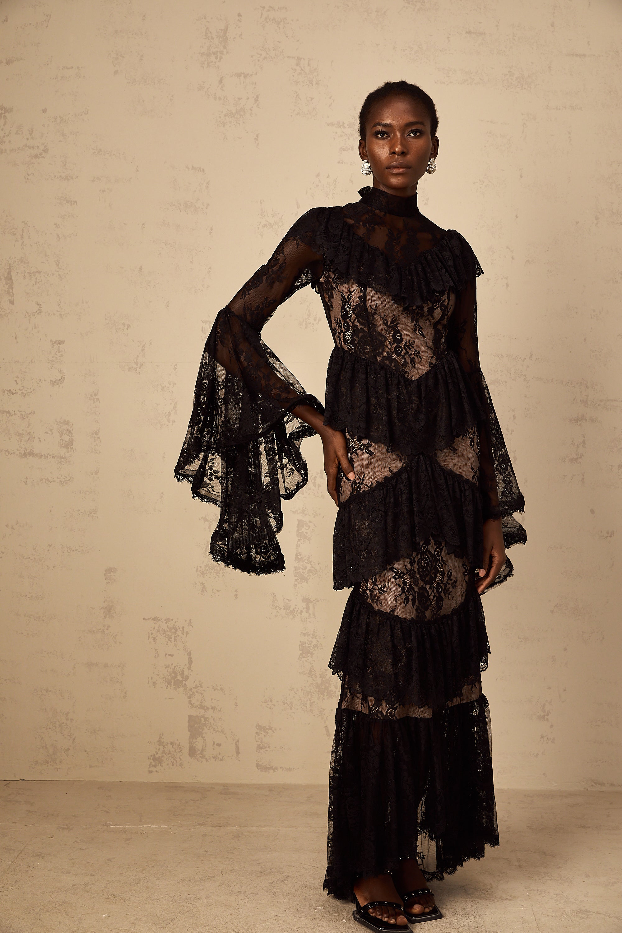 Roxane black floral-lace ruffled maxi dress (Final Sale-US Only)
