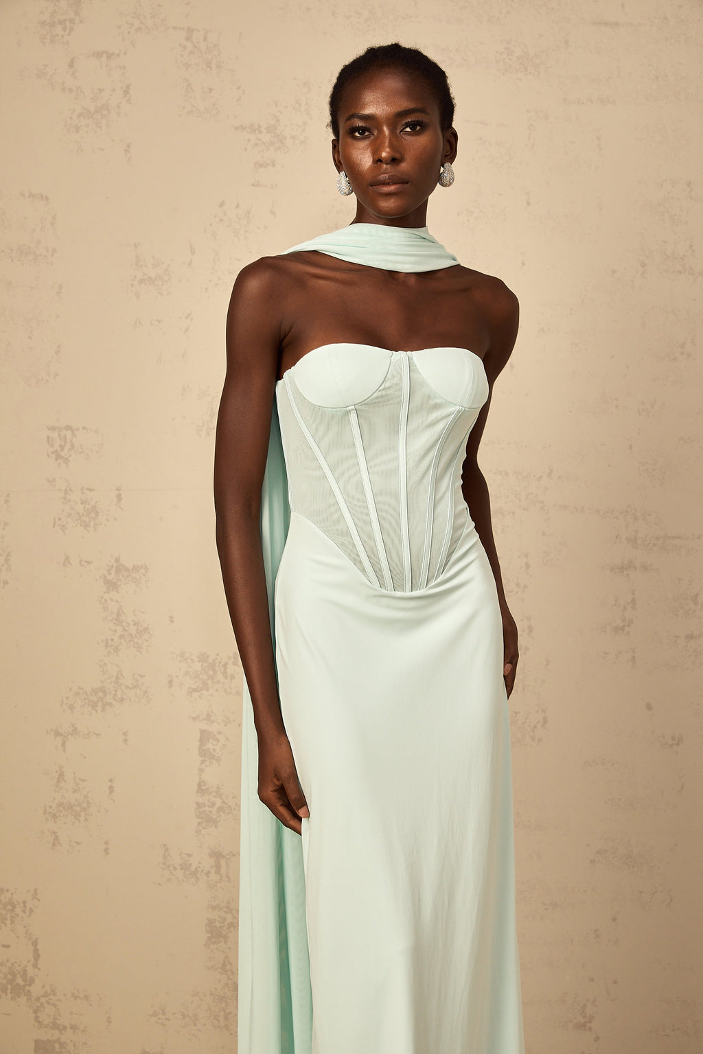 Béryl Tulle Panel Corset Maxi Dress in Mint Green (Final Sale-US Only)