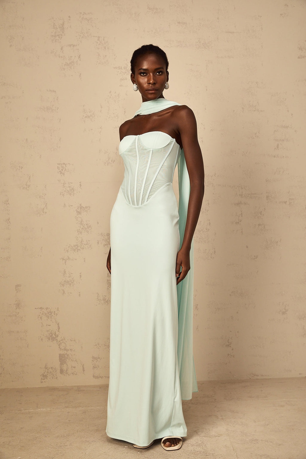 Béryl Tulle Panel Corset Maxi Dress in Mint Green (Final Sale-US Only)