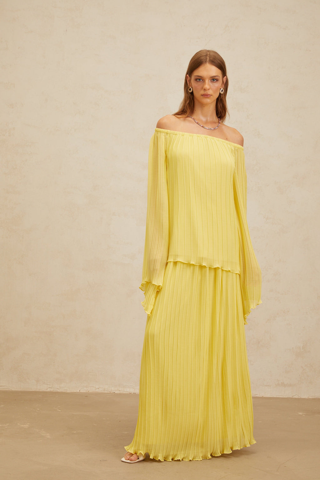 Yseult Yellow Pleated Casual Blouse & Skirt Set (Final Sale-US Only)