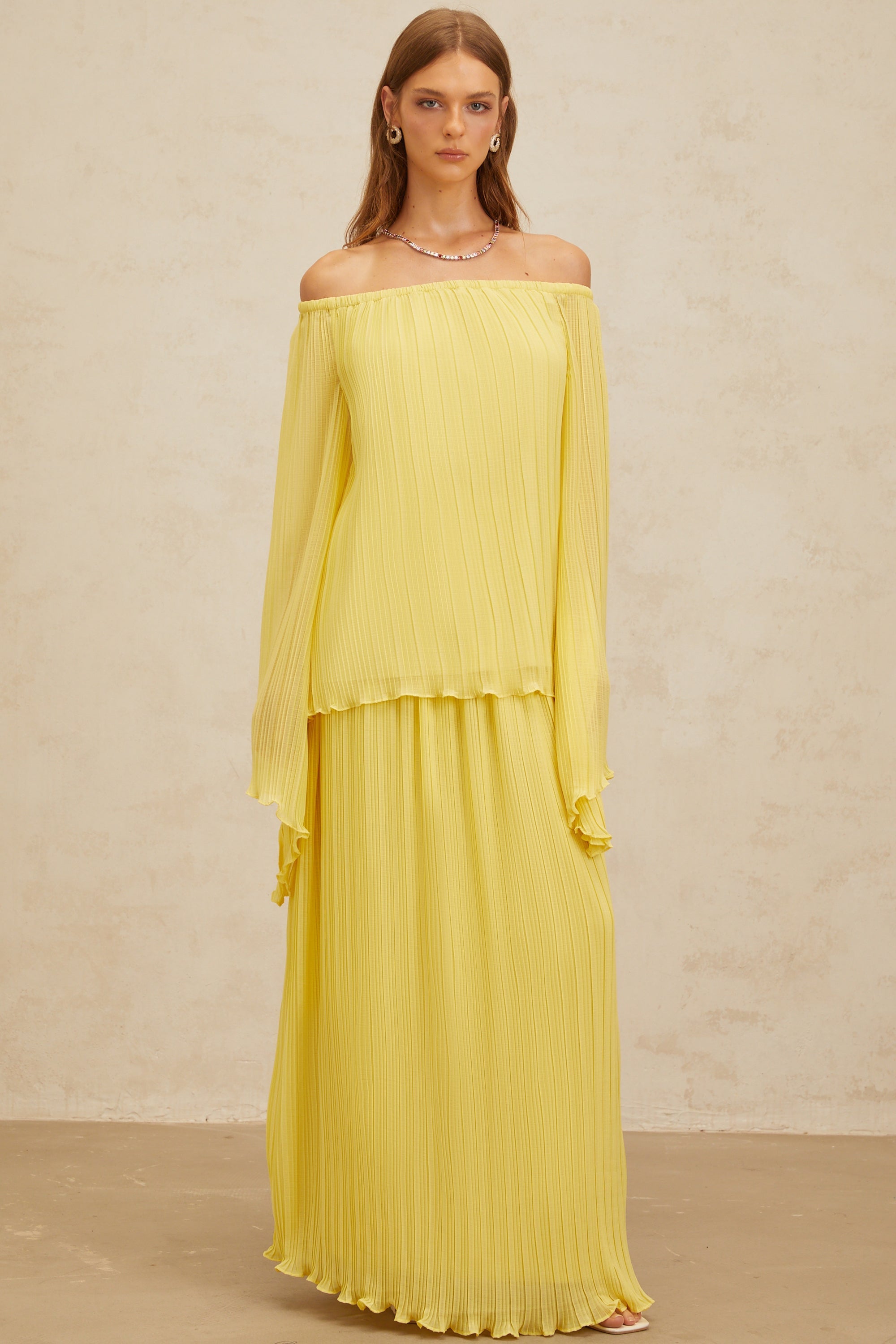 Yseult Yellow Pleated Casual Blouse & Skirt Set (Final Sale-US Only)
