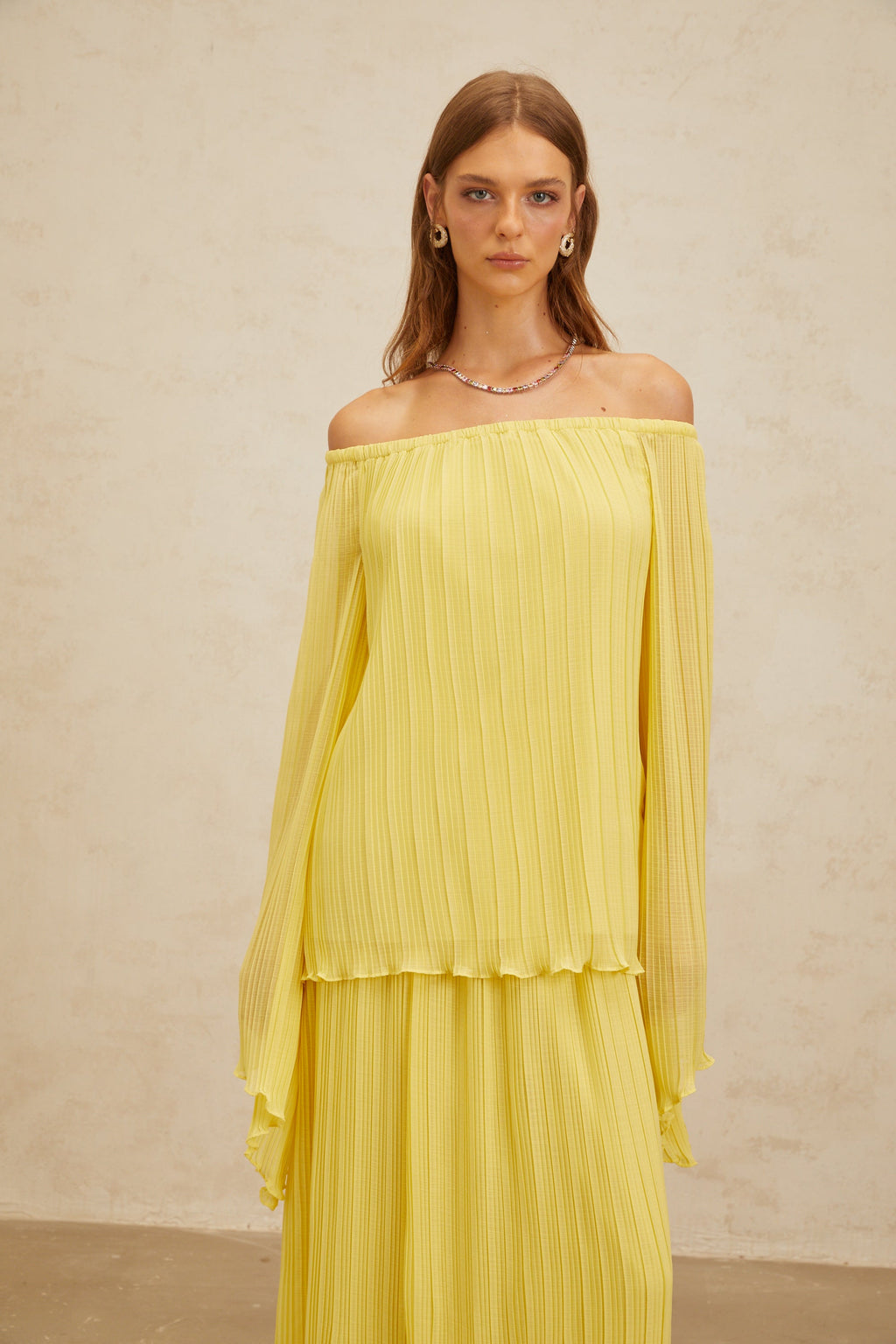 Yseult Yellow Pleated Casual Blouse & Skirt Set (Final Sale-US Only)