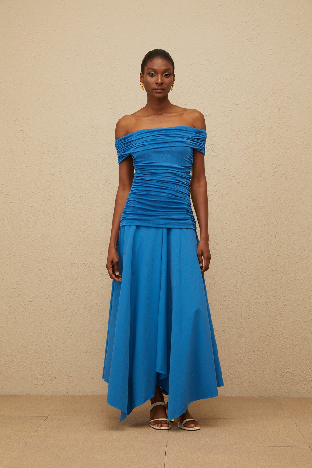 Amélie Blue Off-Shoulder Ruched Maxi Dress (Final Sale)