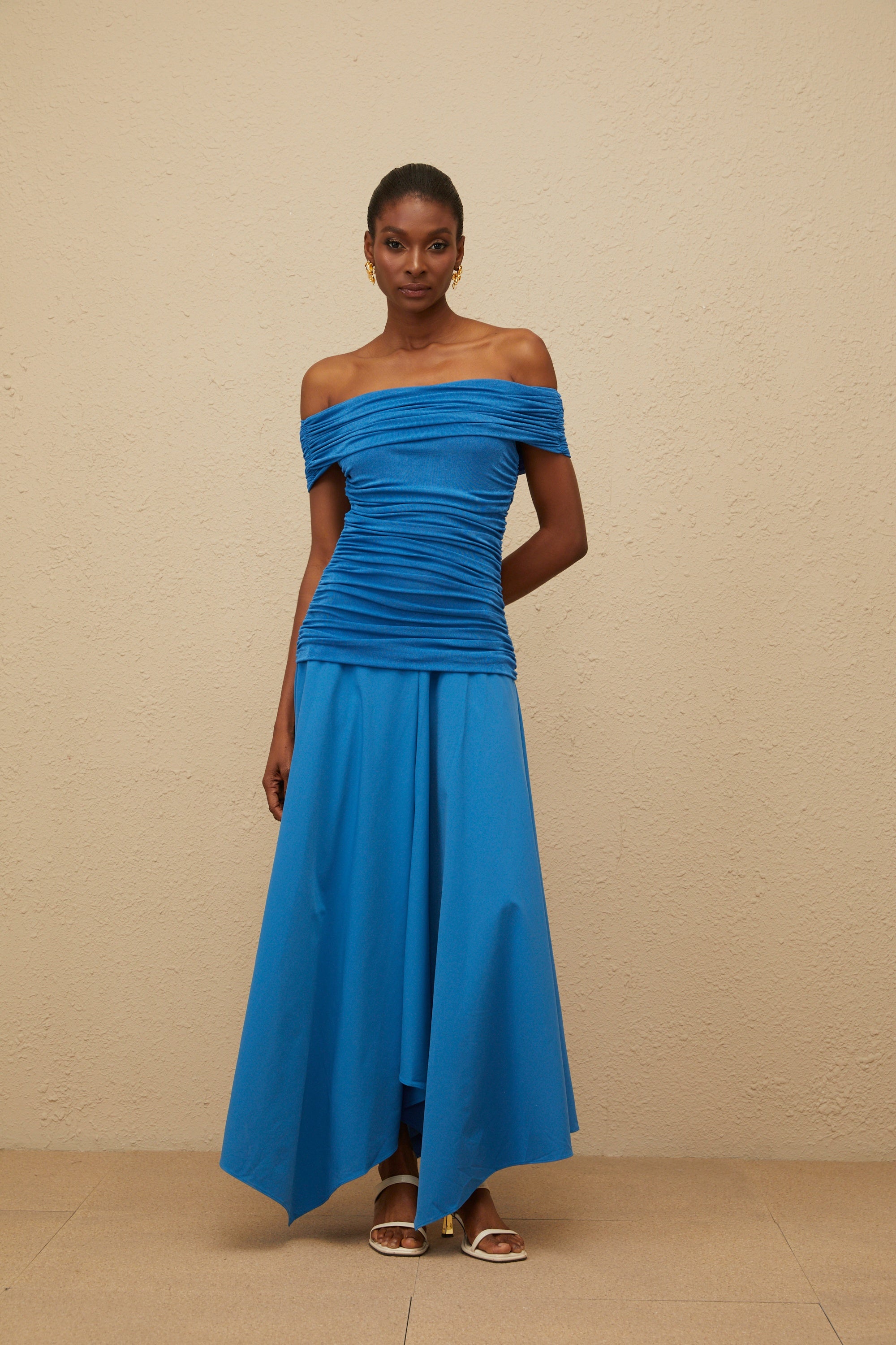 Amélie Blue Off-Shoulder Ruched Maxi Dress (Final Sale)