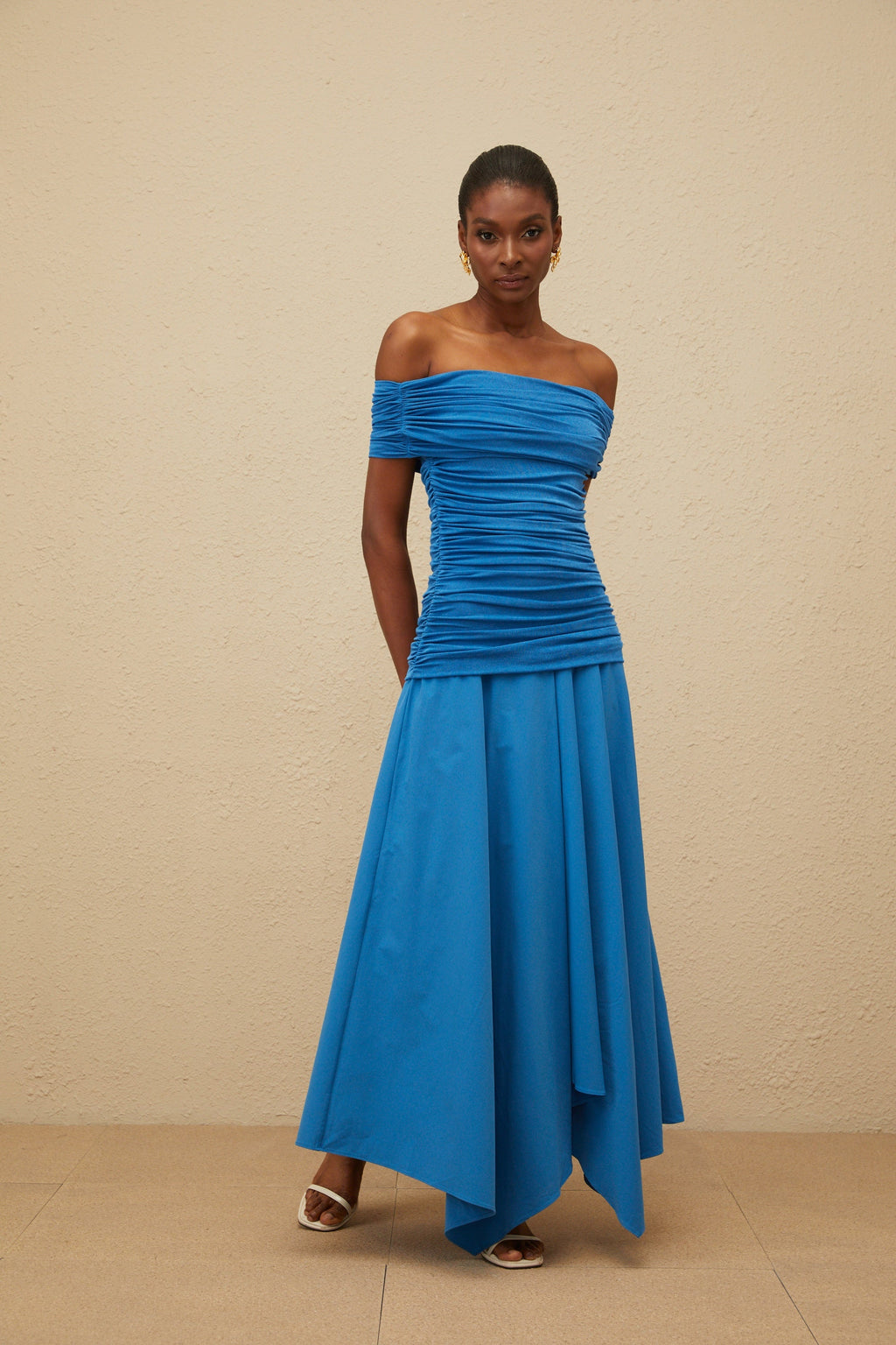 Amélie Blue Off-Shoulder Ruched Maxi Dress (Final Sale)