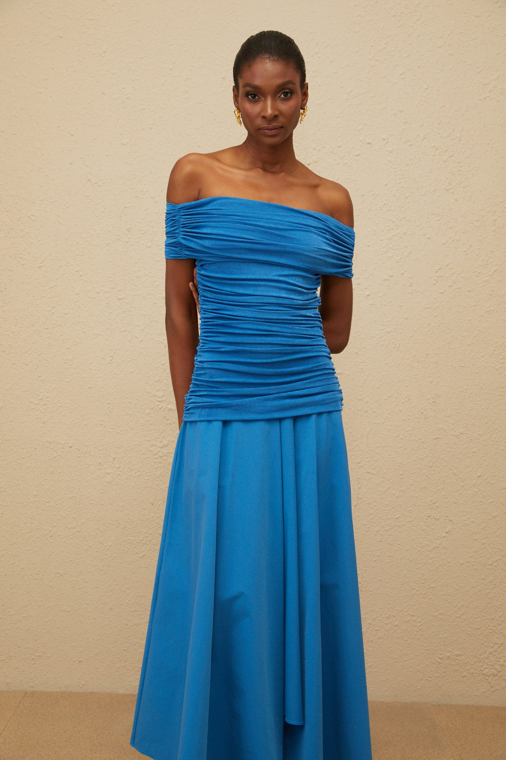 Amélie Blue Off-Shoulder Ruched Maxi Dress (Final Sale)