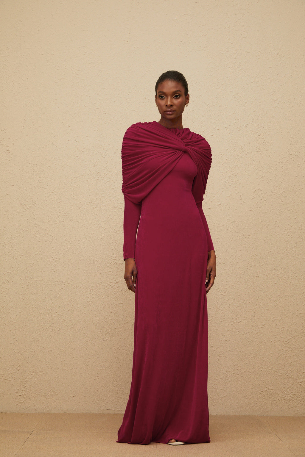 Moderne Red Cape-Design Ruched Maxi Dress (Final Sale-US Only)