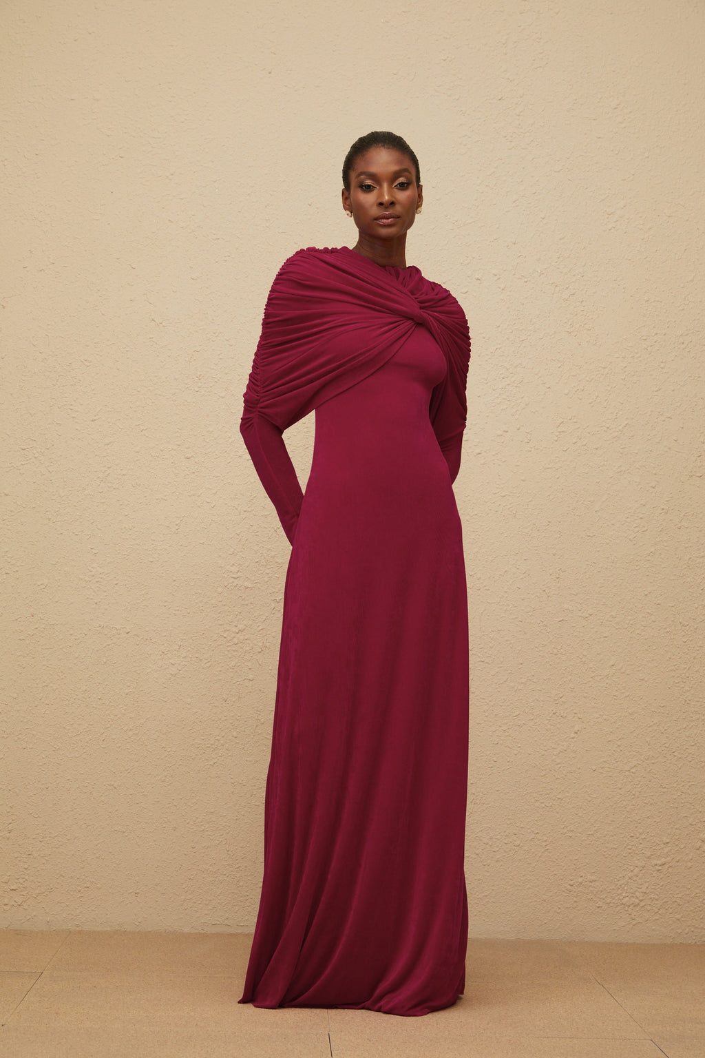 Moderne Red Cape-Design Ruched Maxi Dress (Final Sale-US Only)