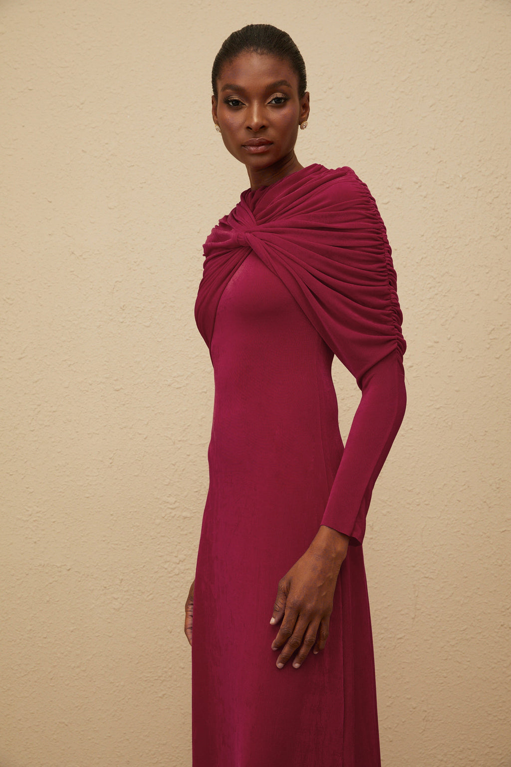 Moderne Red Cape-Design Ruched Maxi Dress (Final Sale-US Only)