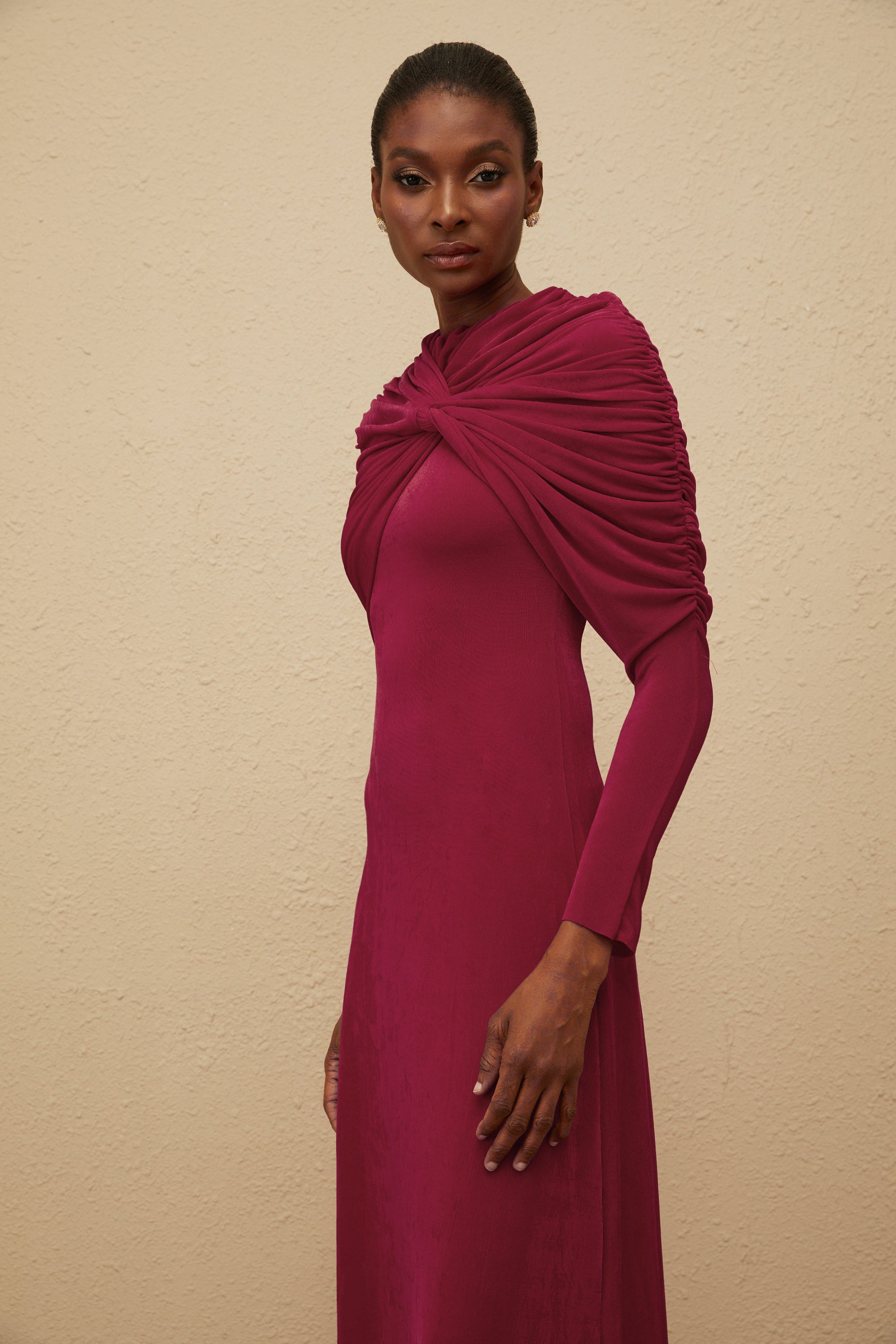 Moderne Red Cape-Design Ruched Maxi Dress (Final Sale-US Only)