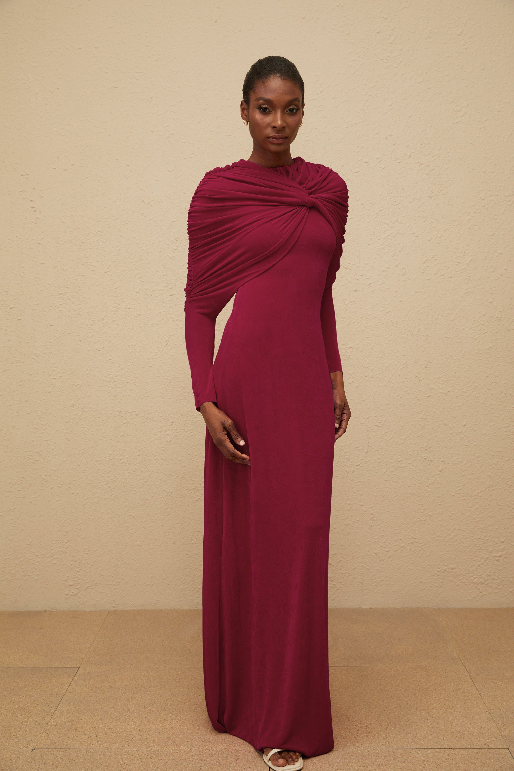 Moderne Red Cape-Design Ruched Maxi Dress (Final Sale-US Only)