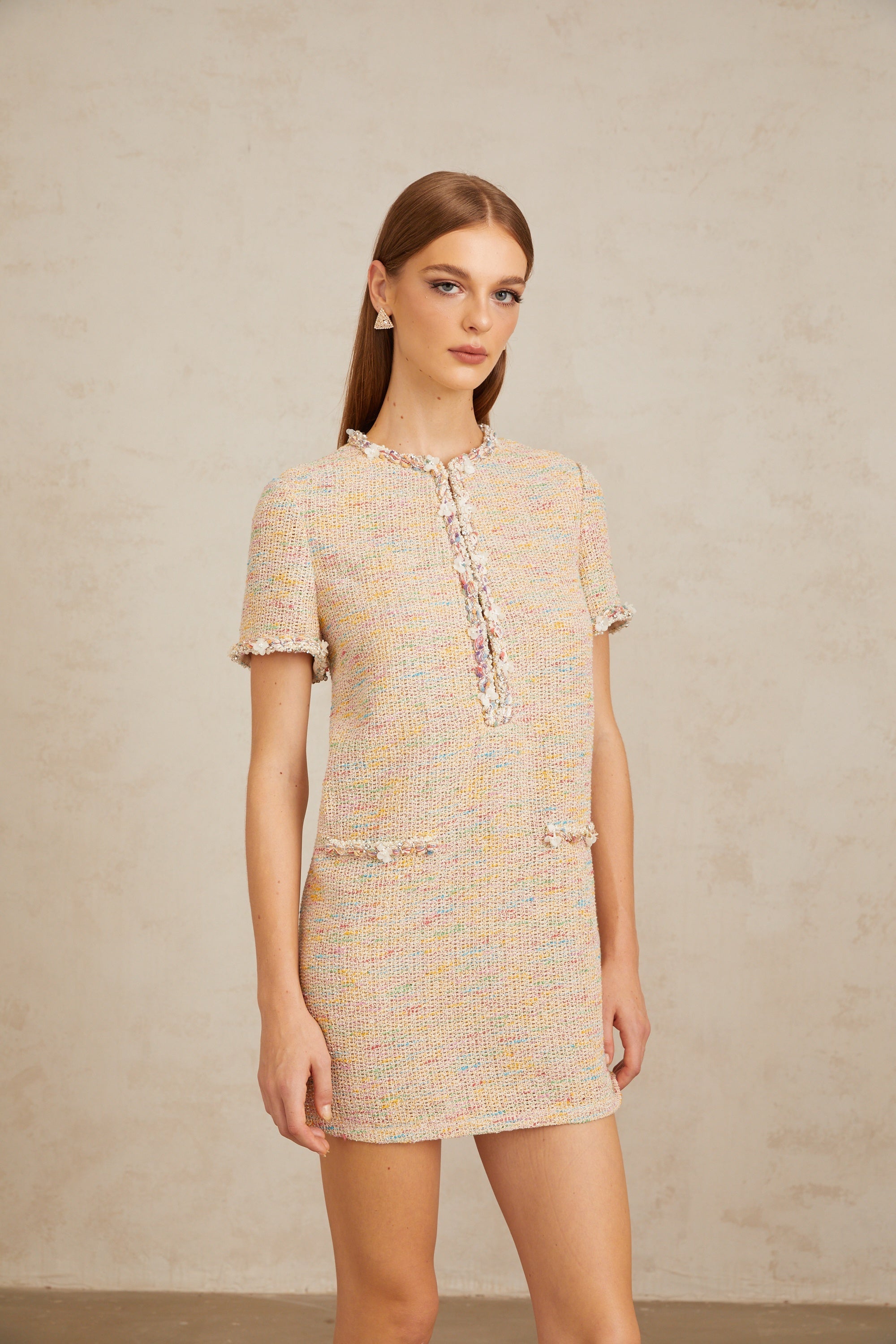 Palme Neutral Embellished Crochet Knit Mini Dress (Final Sale-US Only)