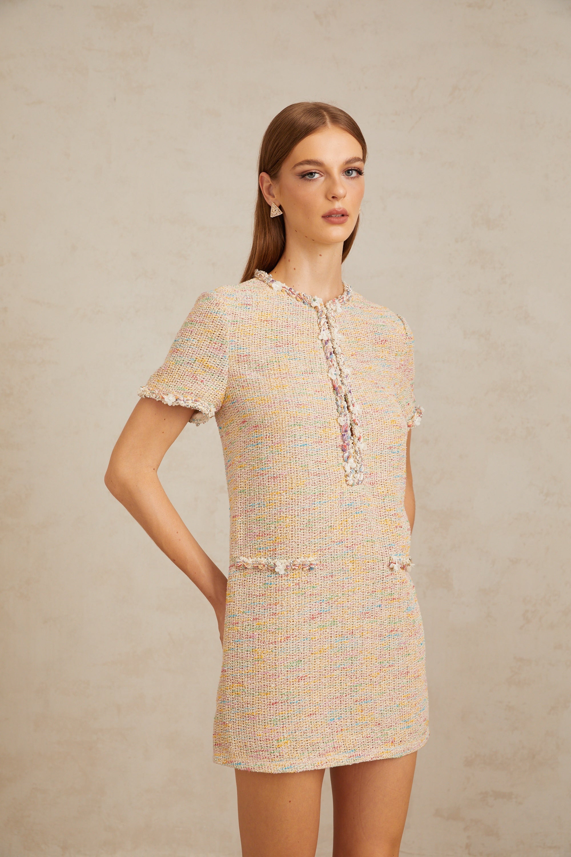 Palme Neutral Embellished Crochet Knit Mini Dress (Final Sale-US Only)