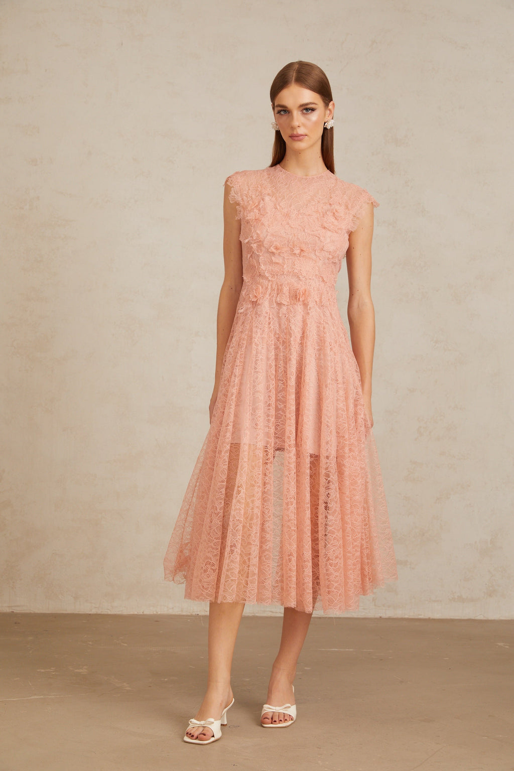Aila Pink Shirred Guipure Lace Midi Dress (Final Sale-US Only)