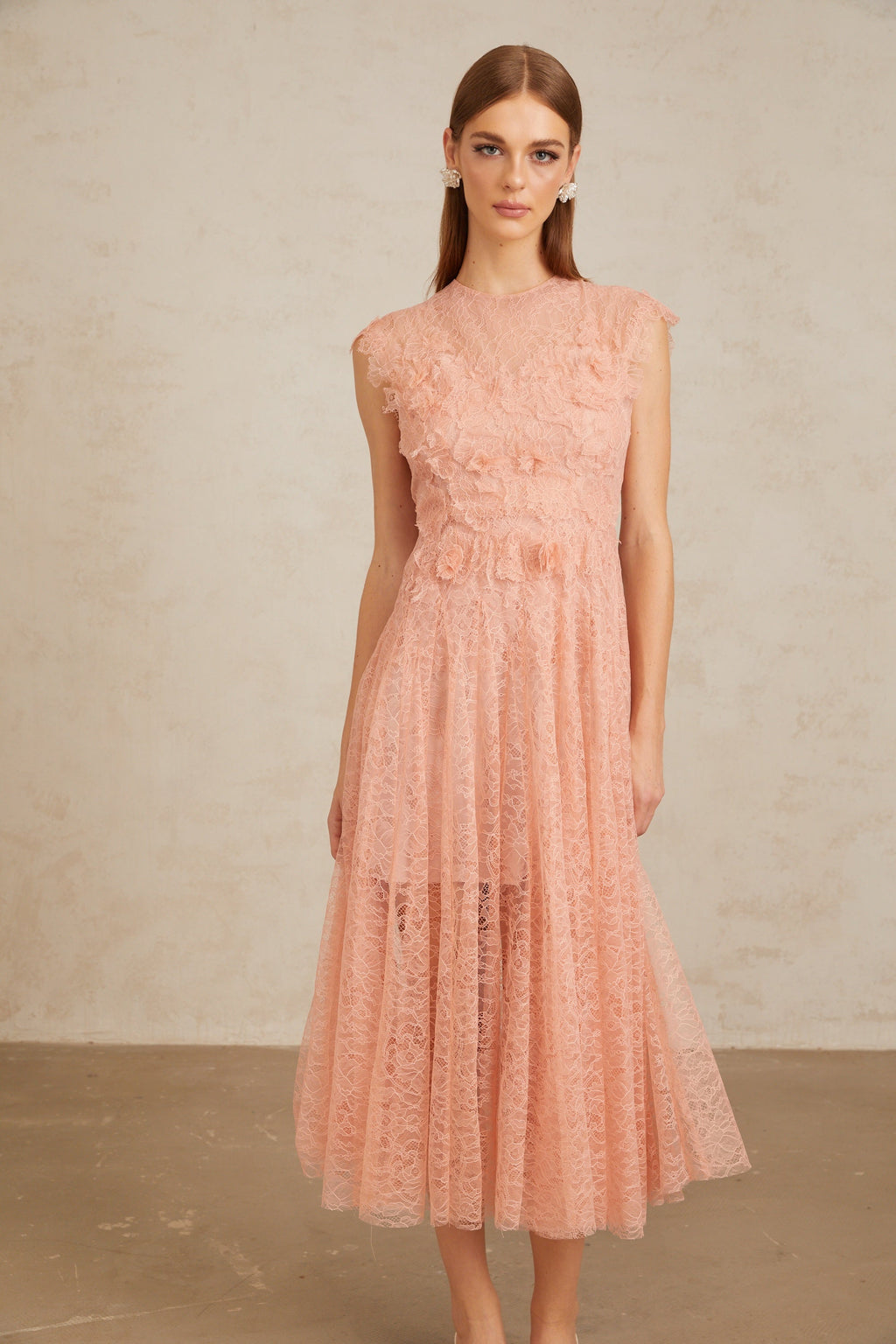 Aila Pink Shirred Guipure Lace Midi Dress (Final Sale-US Only)